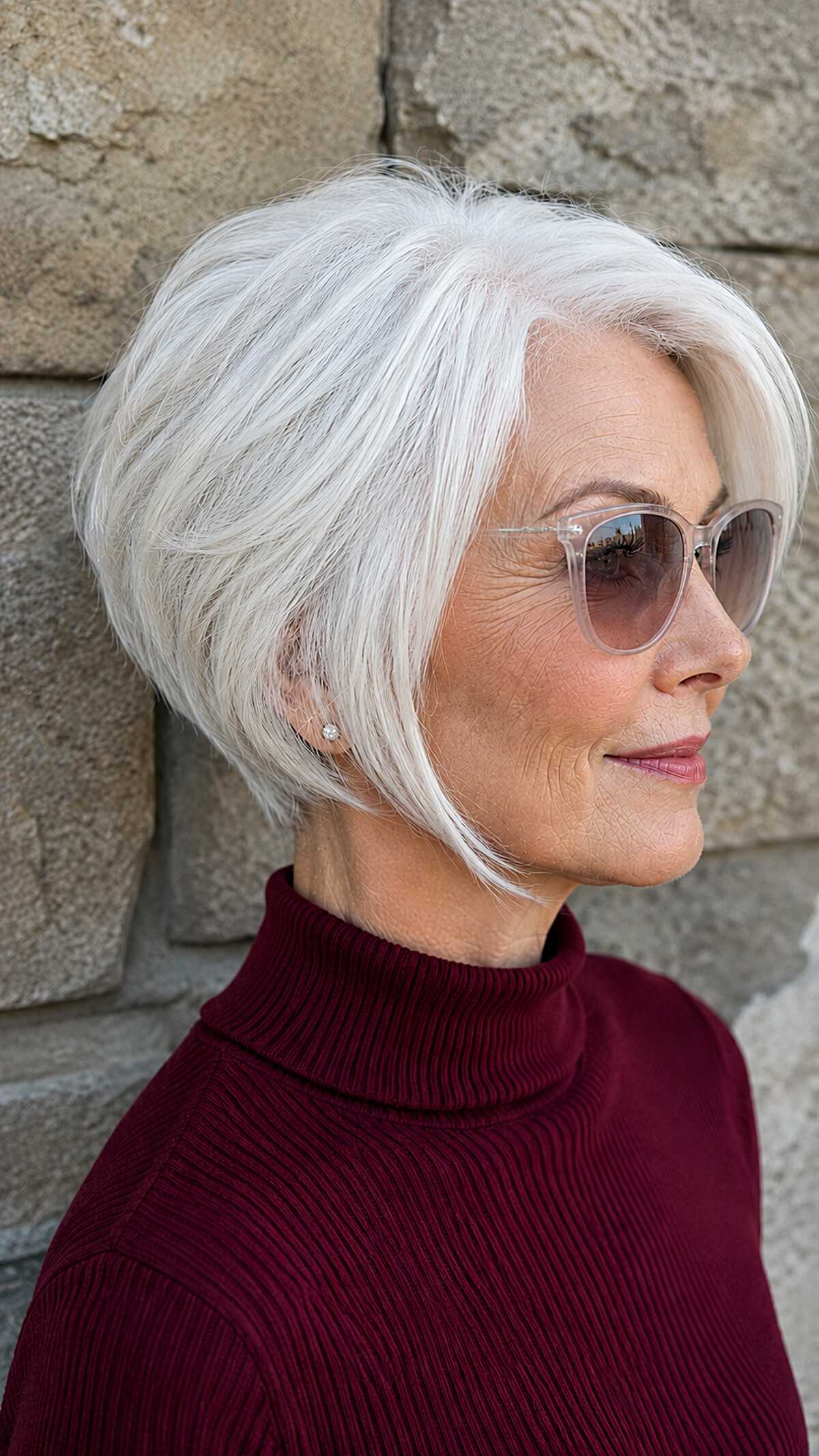 Sleek white graduated pixie bob with smooth side sweep
