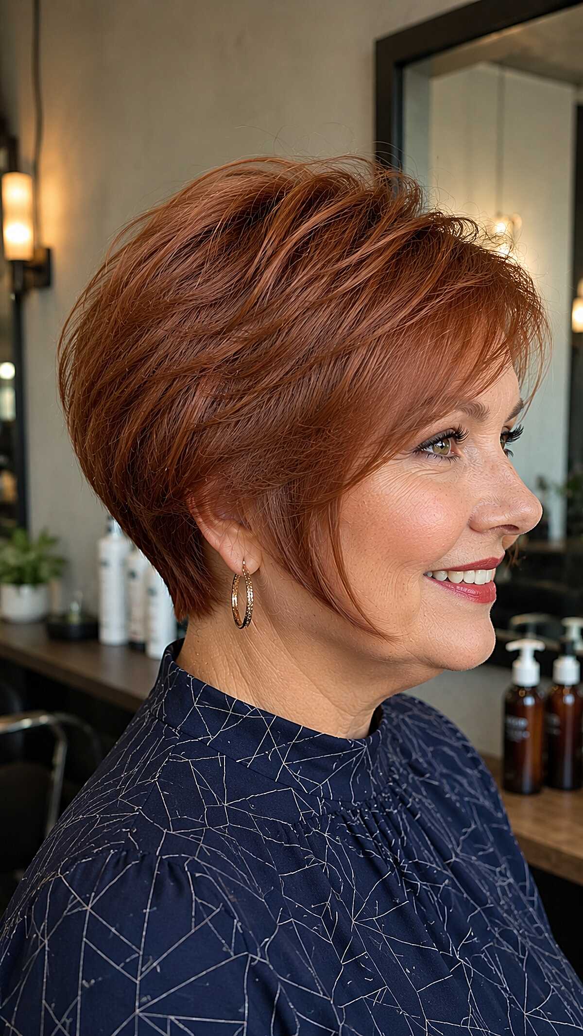 Warm auburn graduated pixie bob with crown lift