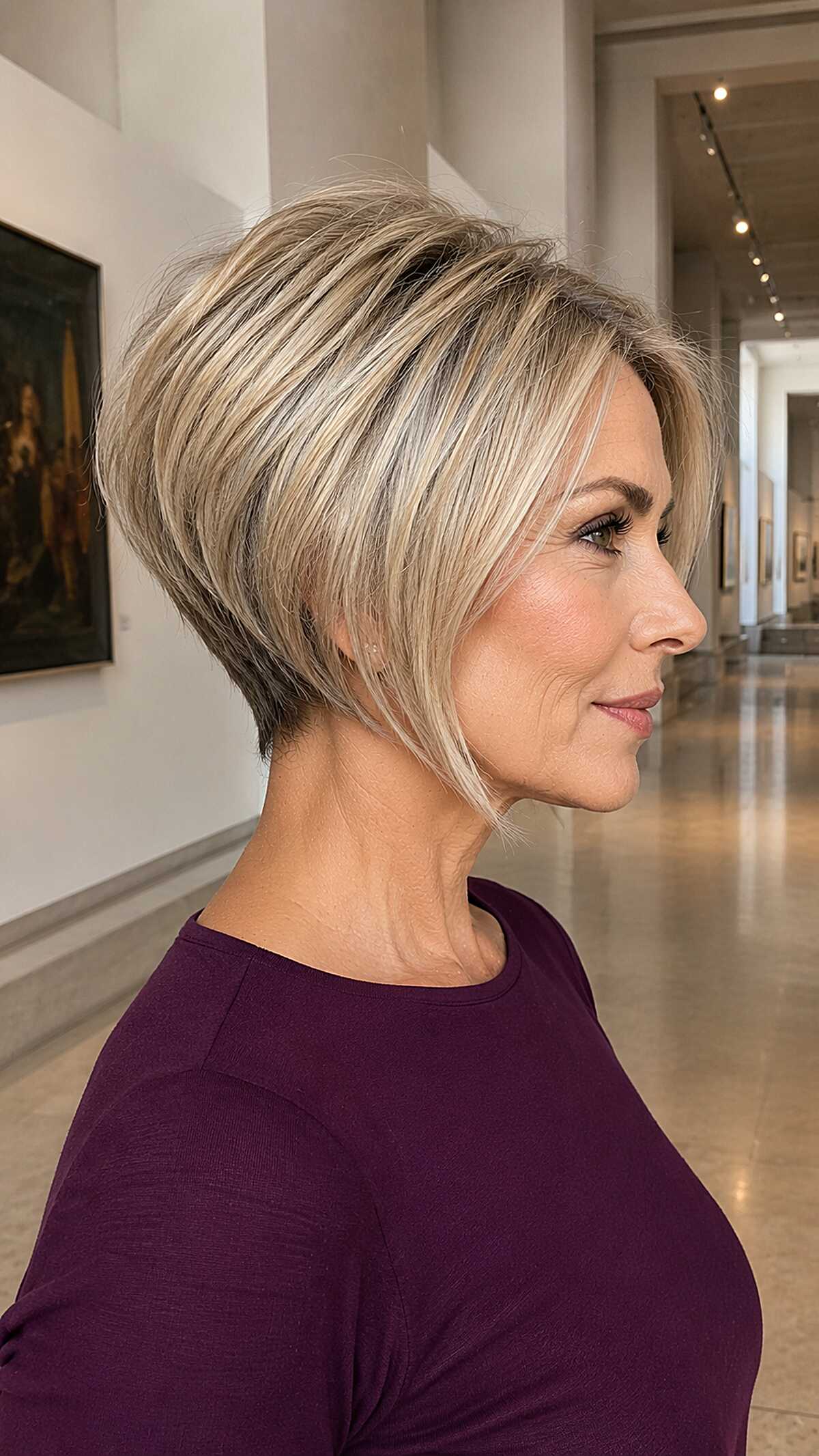 Stacked graduated pixie bob in warm honey blonde