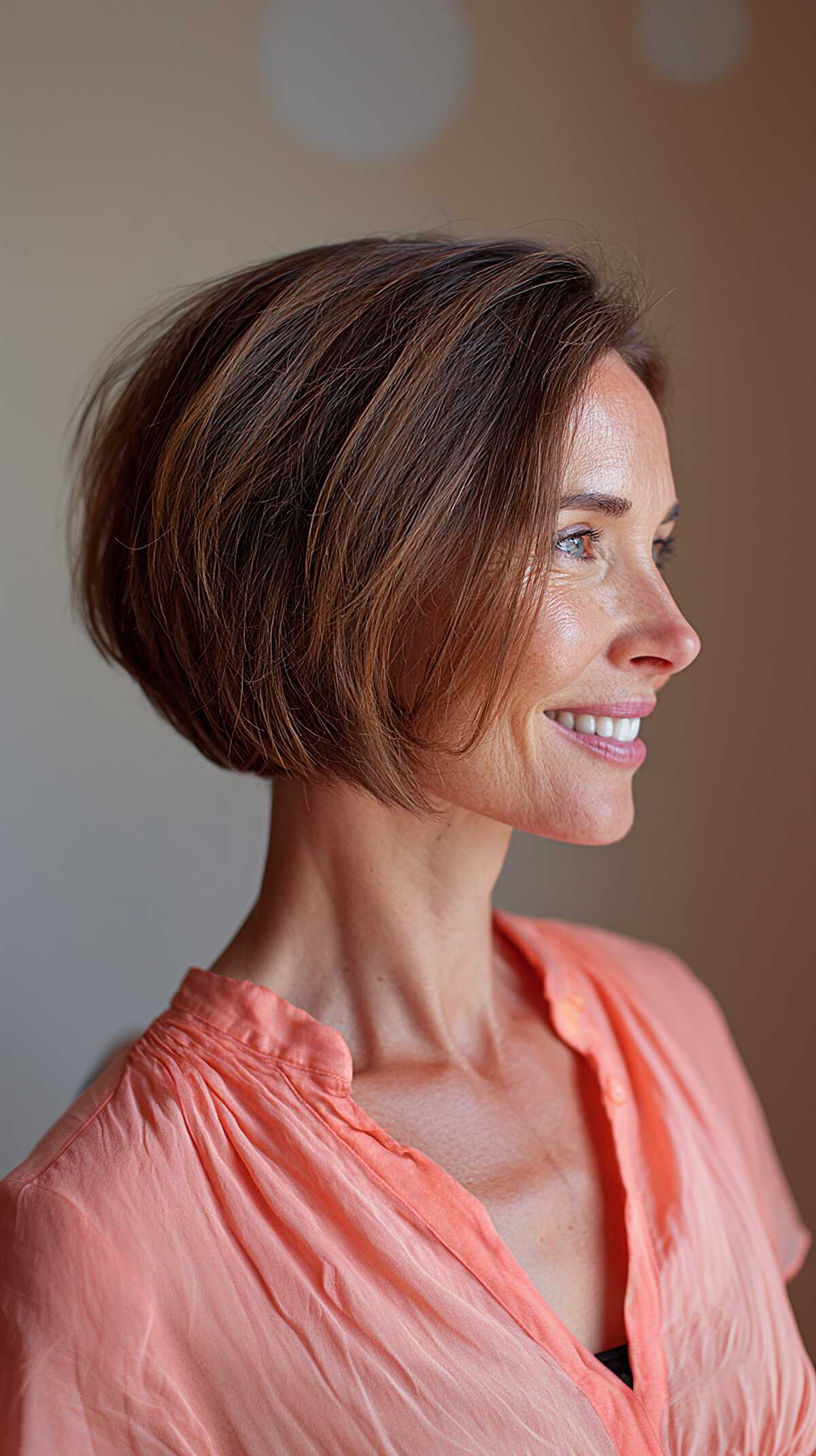 Jaw-Length Brunette Stack with Warm Caramel Pieces and Soft Rounded Back