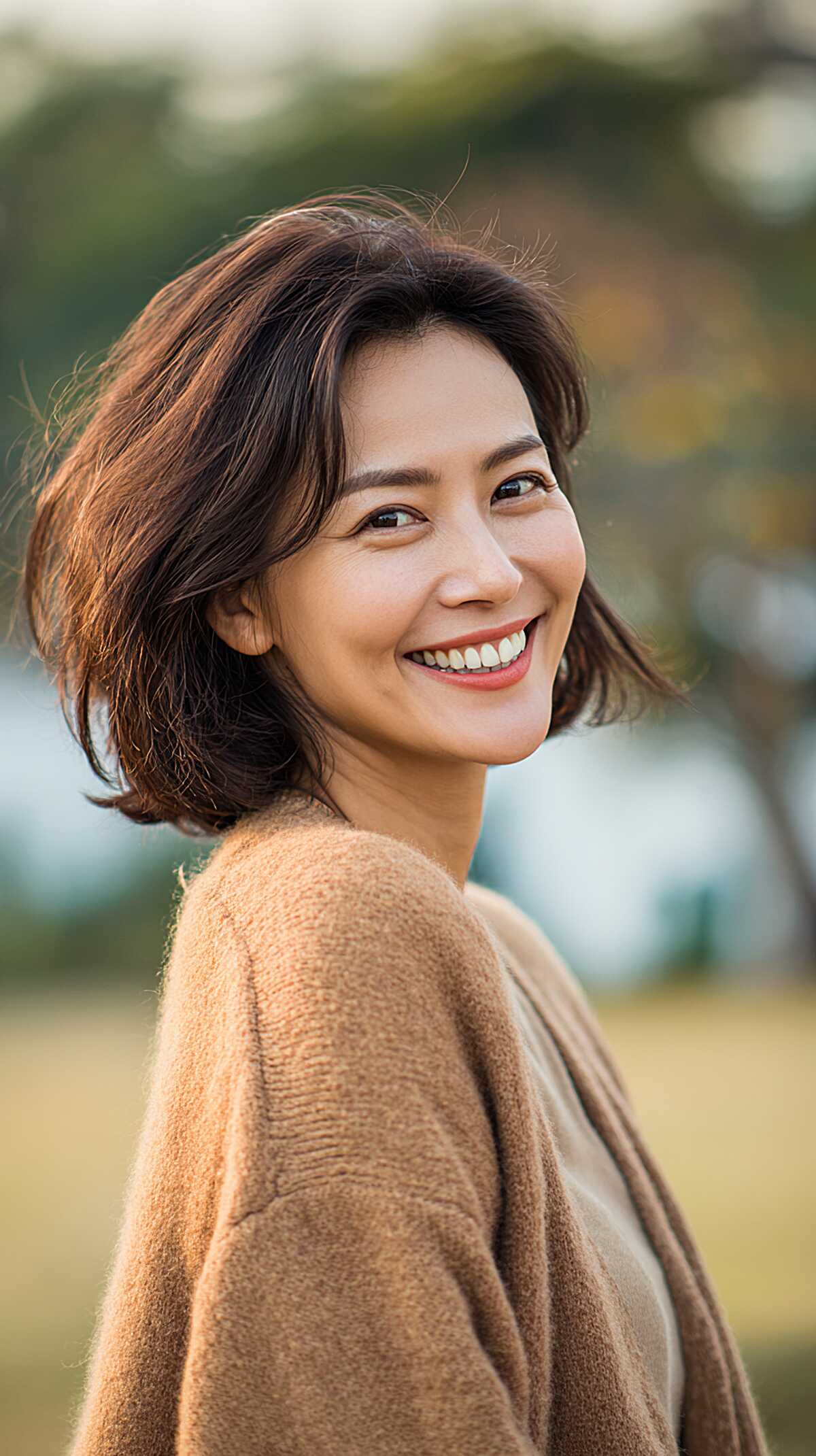 Jaw-Length Dark Chocolate Bob with Windswept Interior Layers