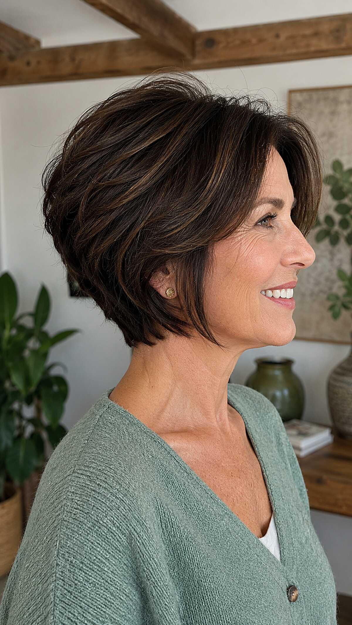 Layered Dark Brunette Stacked Bob with Subtle Caramel Ribbons