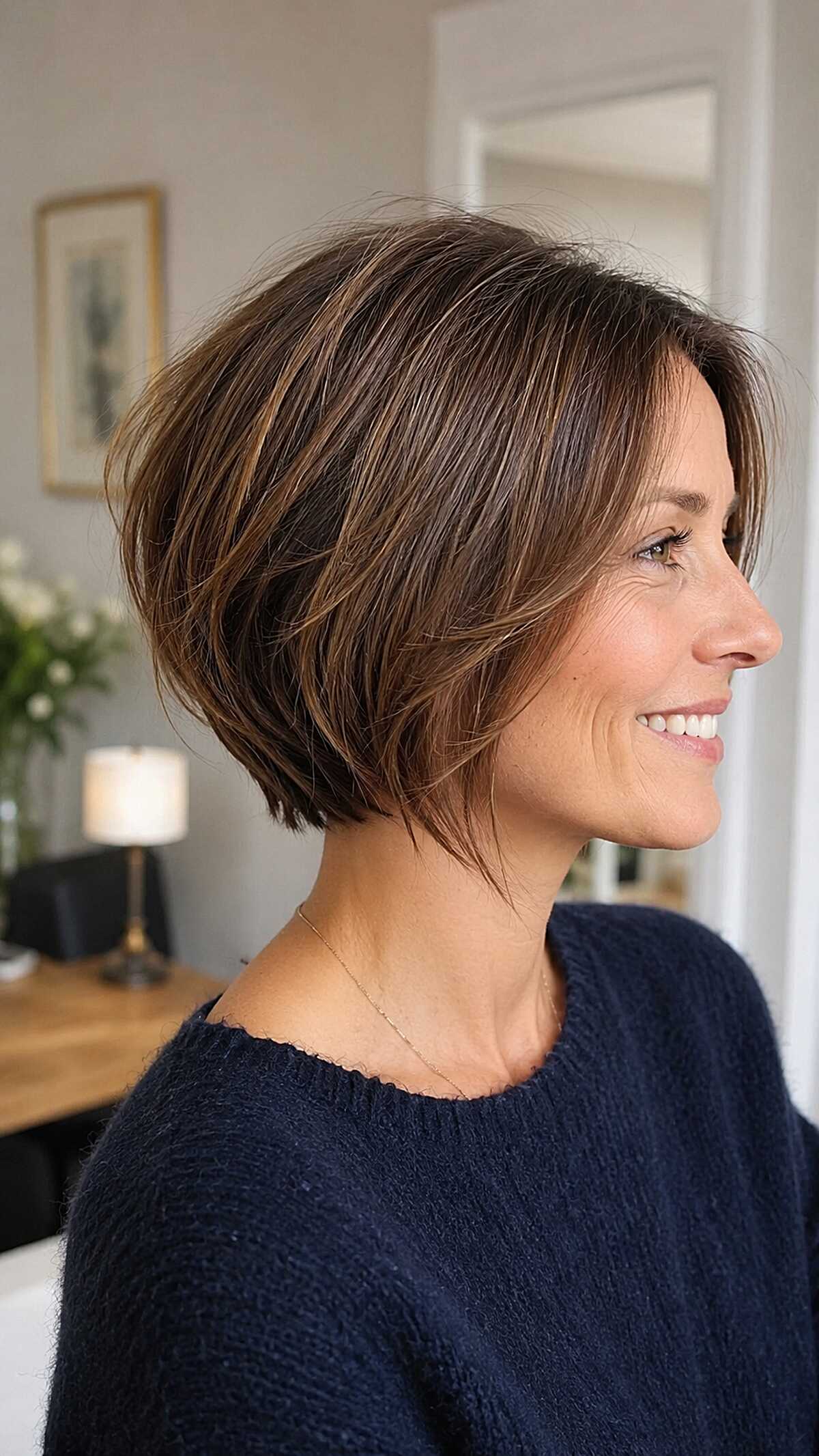 Neck-Length Brunette Bob with Subtle Sandy Highlights and Textured Interior Layers