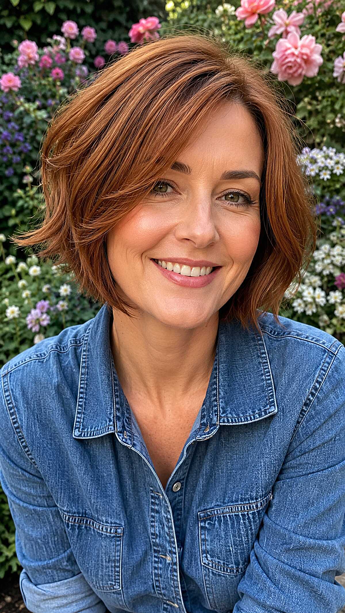 Rich Cinnamon Bob with Swept Side Part and Bent Ends