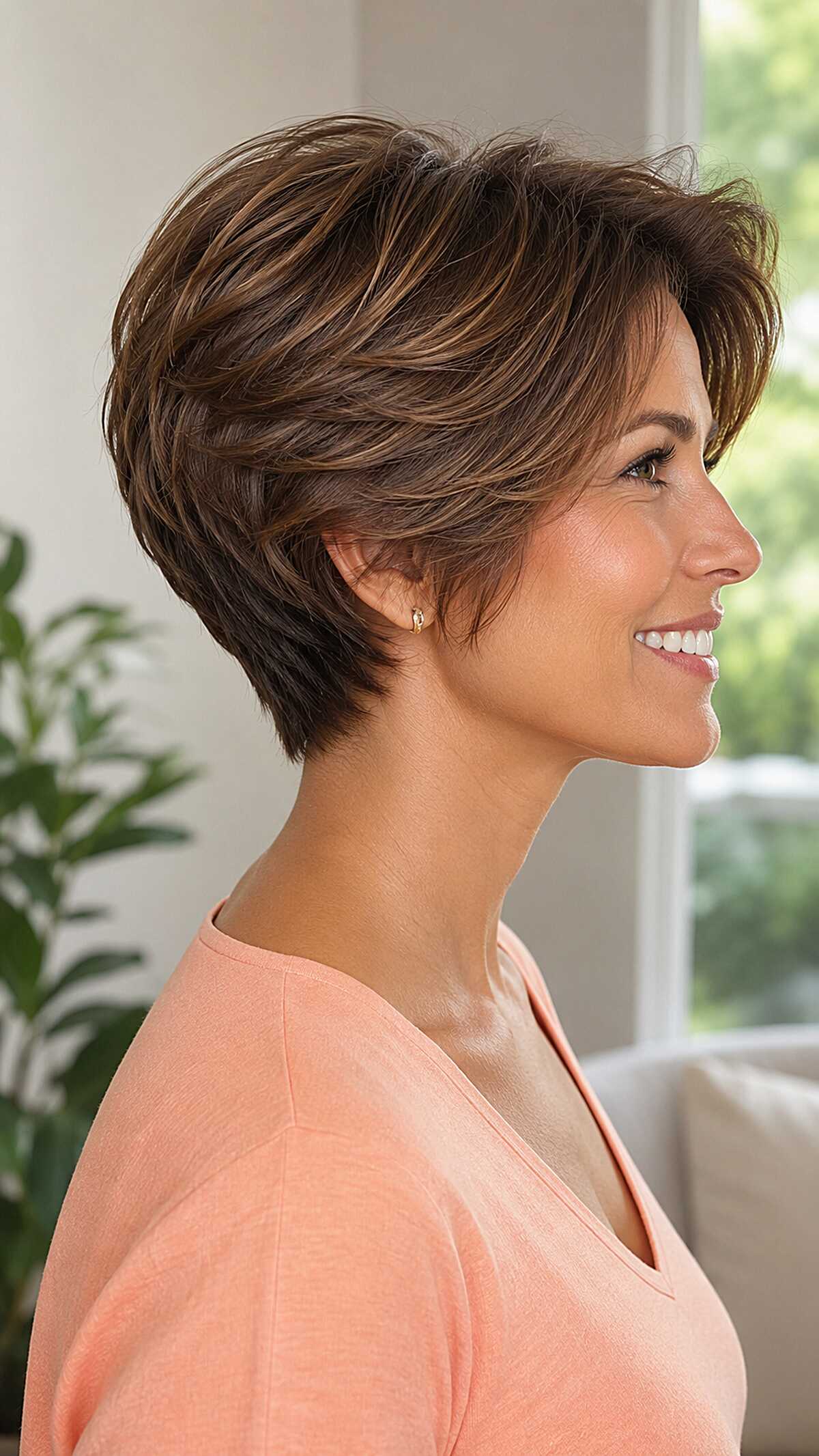 Short Brunette Wedge with Razor-Layered Back and Caramel Threading