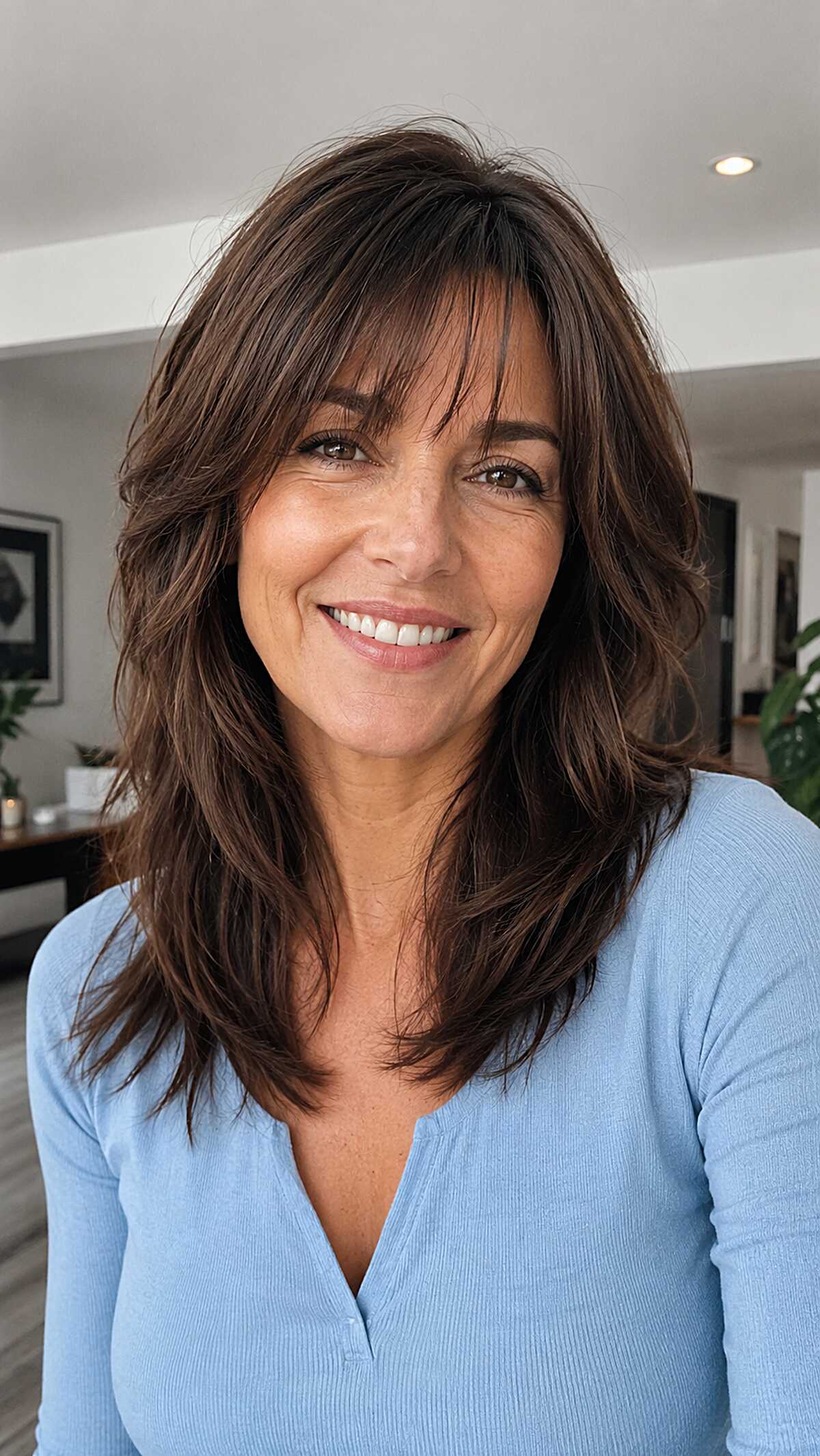Shoulder-Grazing Brunette Wolf with Parted Shaggy Bangs