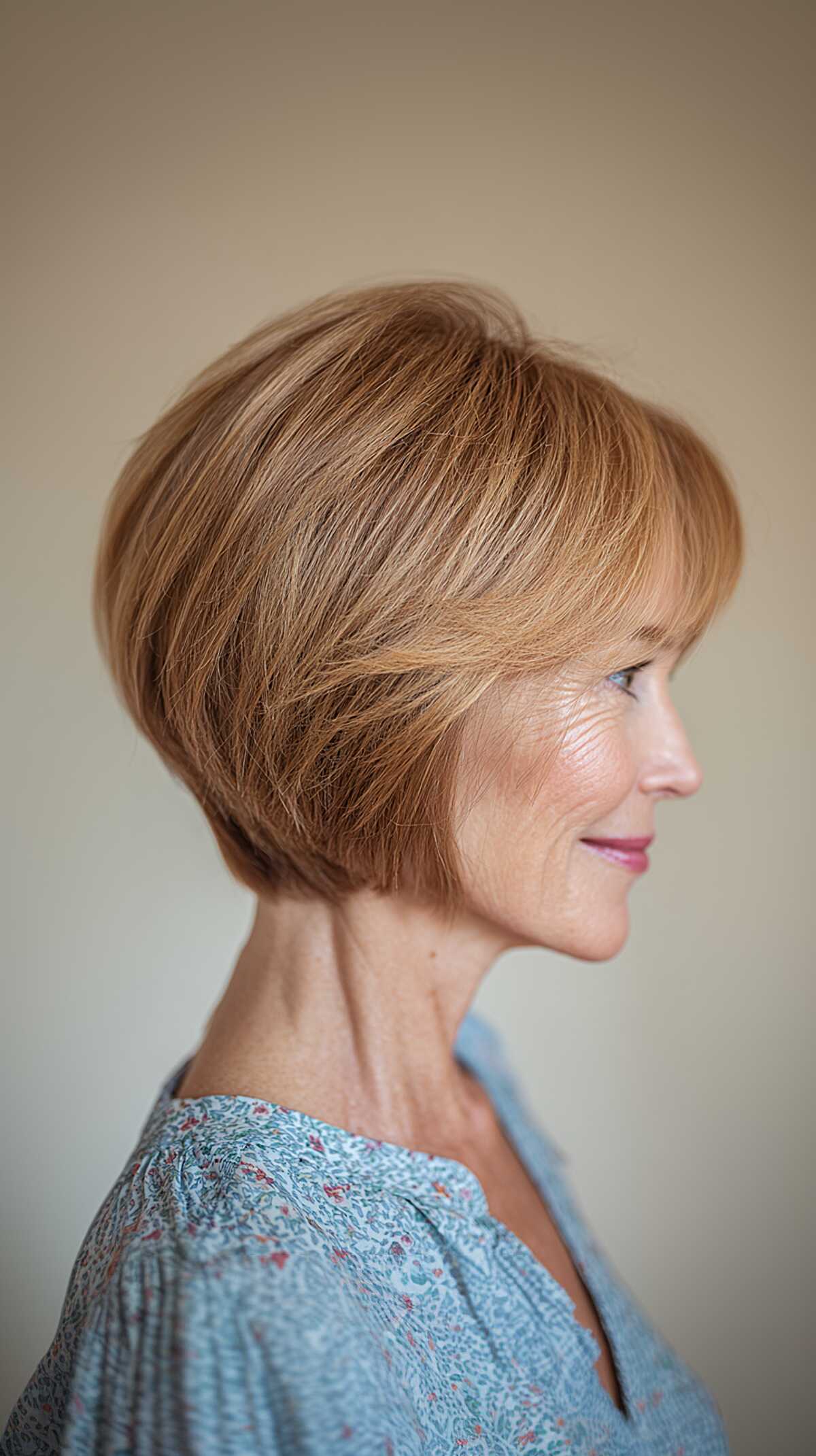 Soft Strawberry Blonde Stacked Bob with Sweeping Side Layers