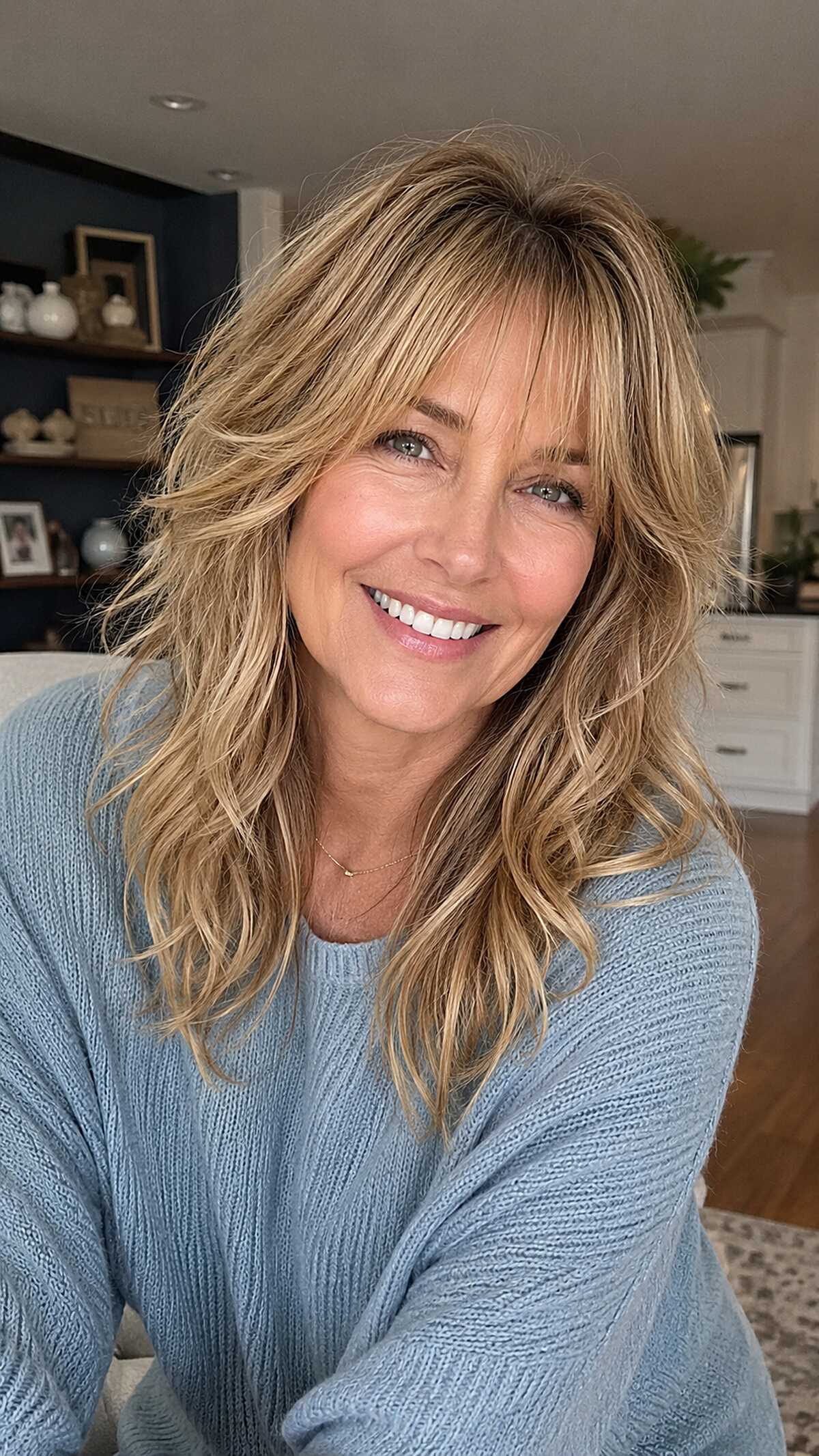 Sun-Streaked Blonde Wolf with Feathered Fringe