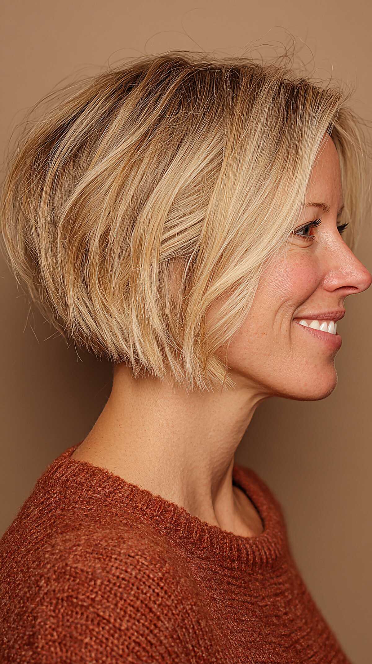 Textured Chin-Length Stacked Bob with Warm Blonde Highlights