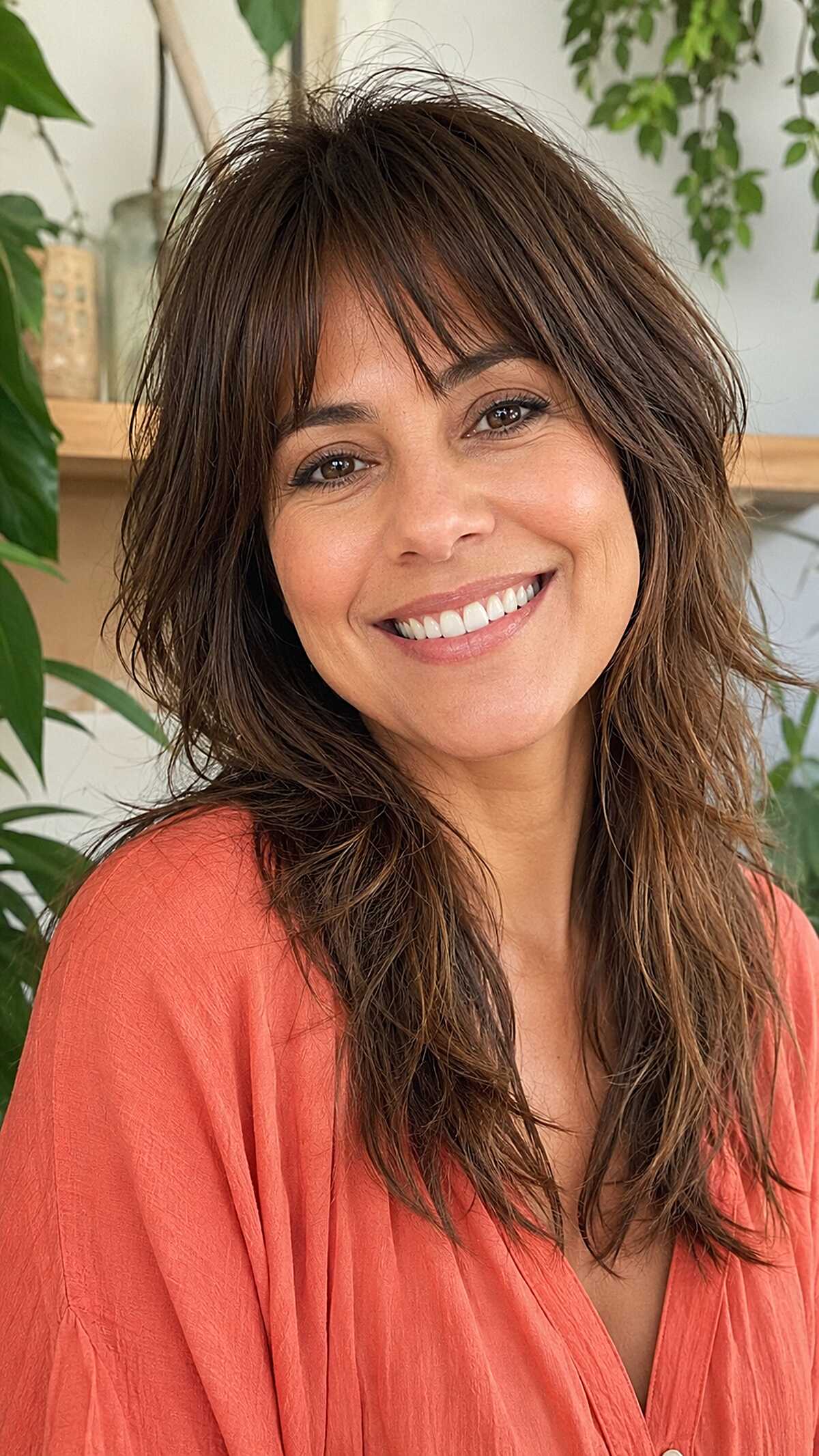 Textured Long Brunette Wolf with Shaggy Brow-Grazing Bangs