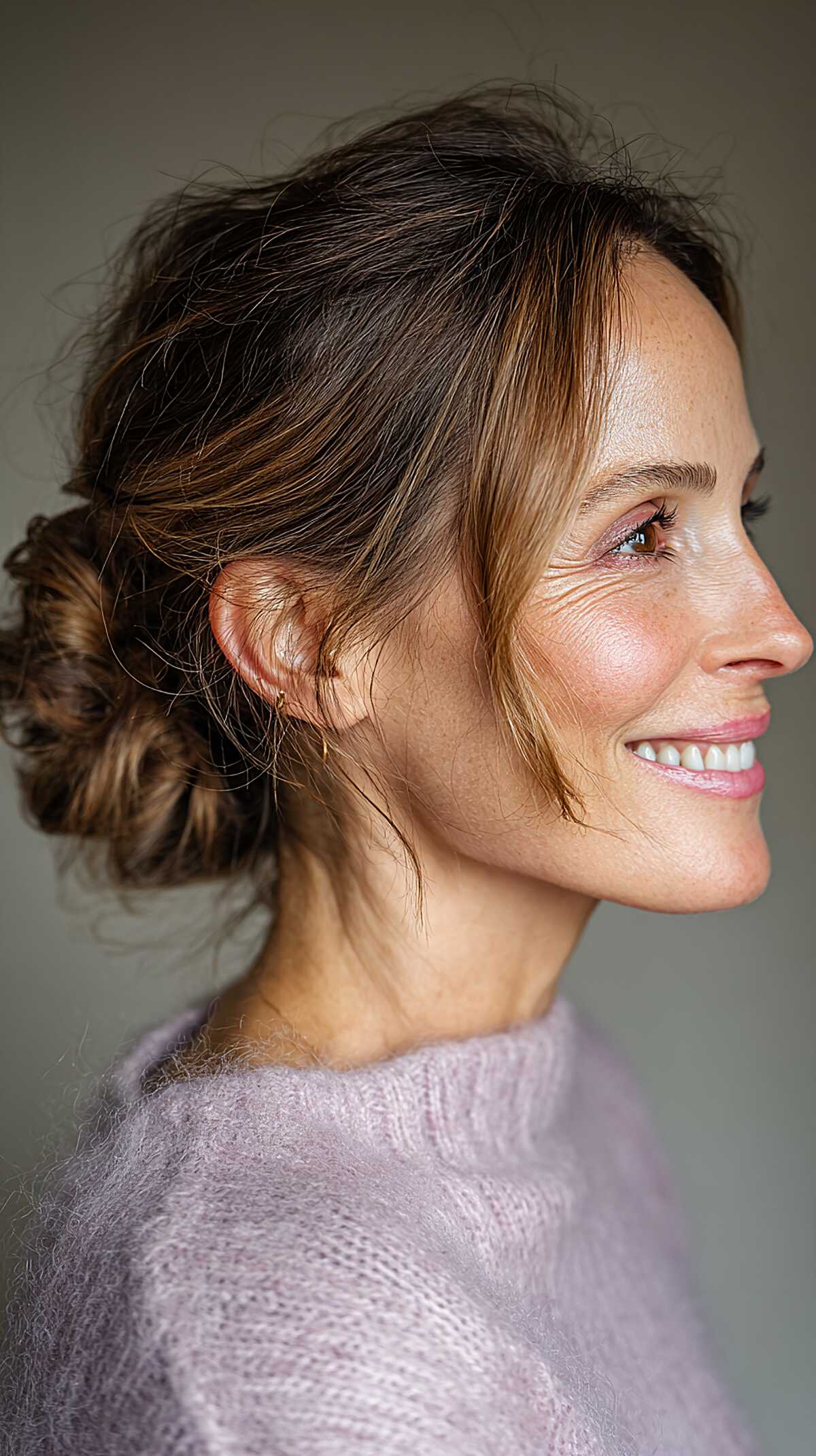 Textured nape bun with lighter face-framing highlights