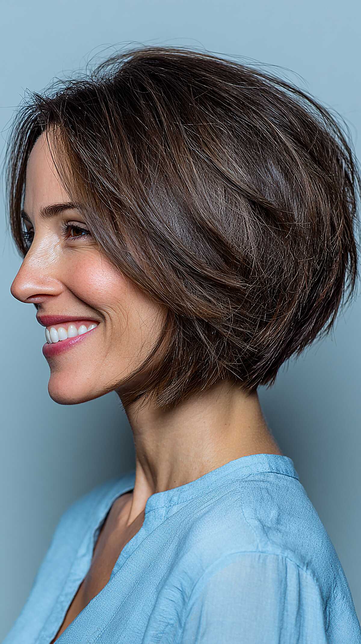 Tousled Chocolate Brown Stacked Bob with Lived-In Texture