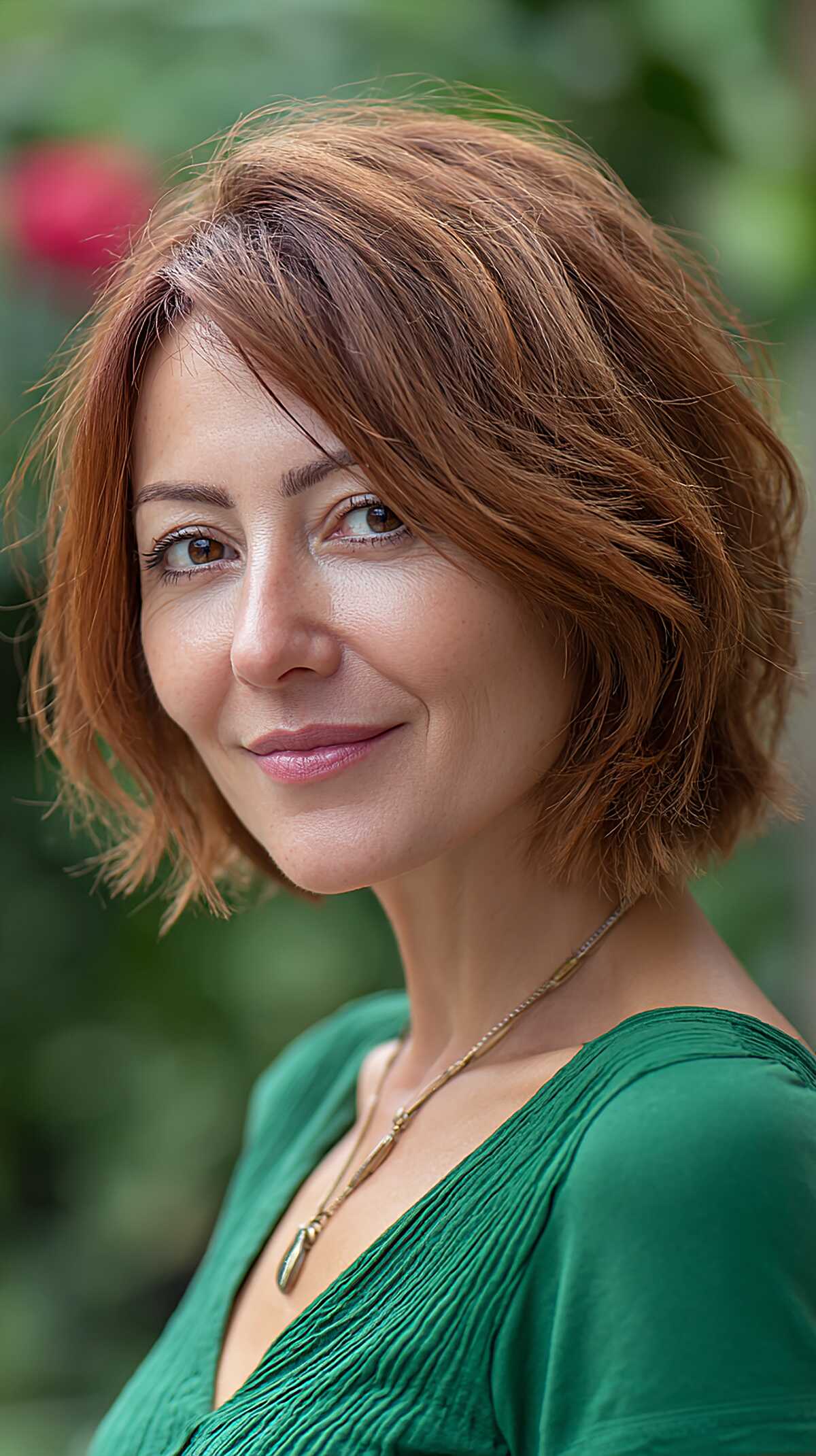 Warm Auburn Chin-Length Bob with Roughed-Up Texture
