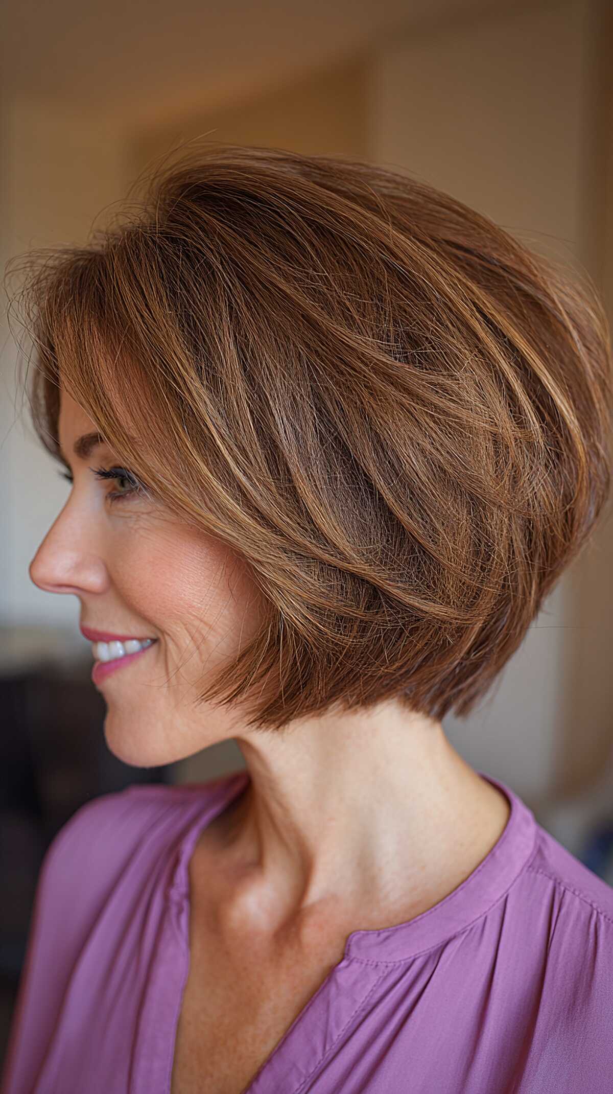 Warm Brunette Layered Stack with Golden Threading and Soft Side Sweep