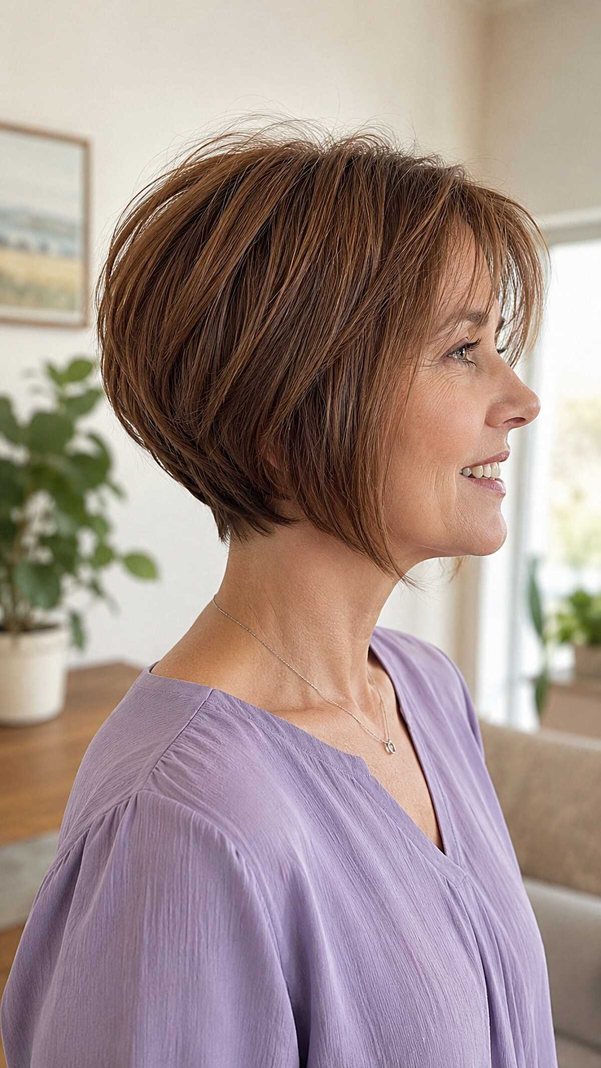 Warm Chestnut Stacked Bob with Razored Layers