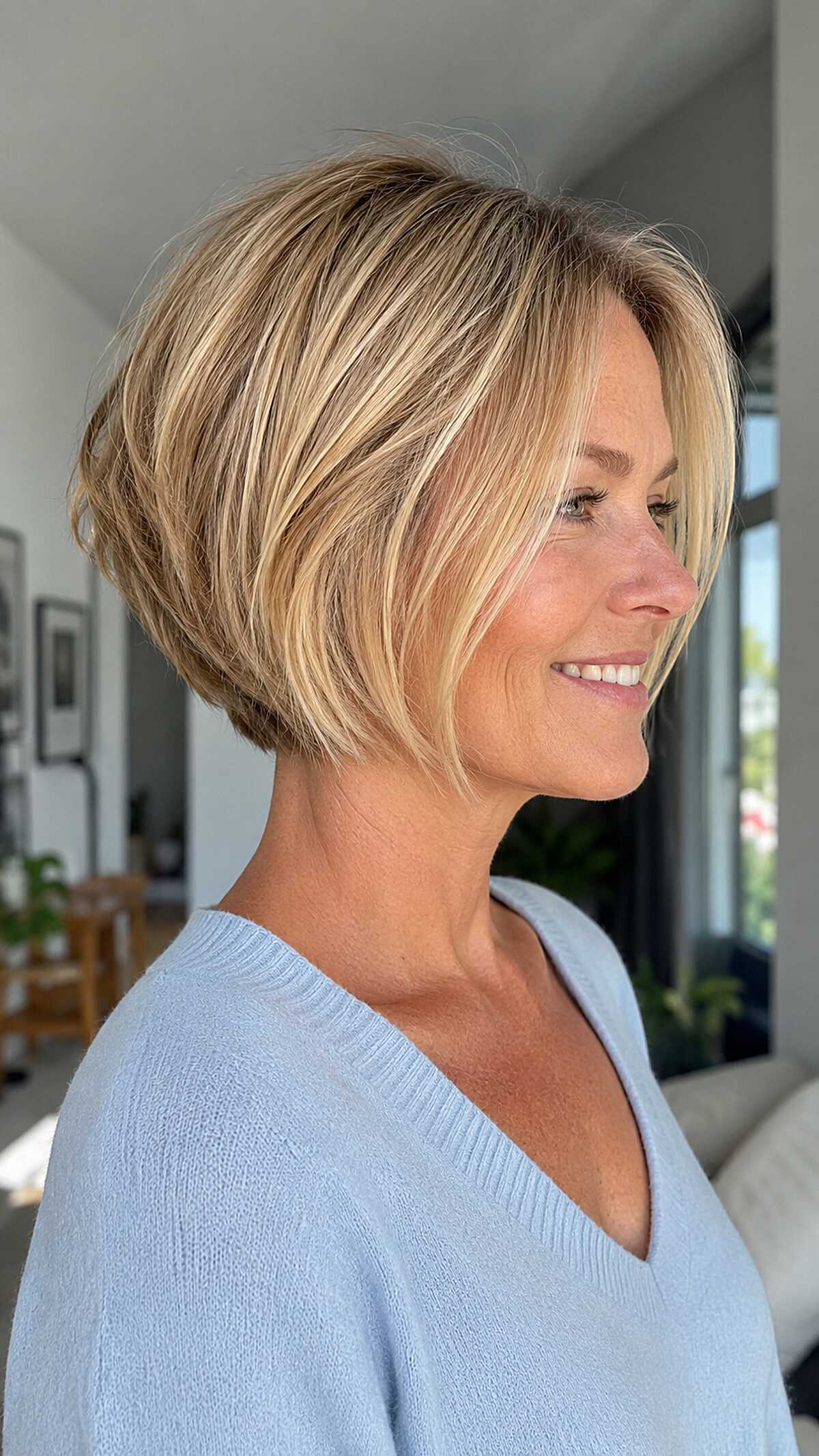 Warm Honey Blonde Stacked Bob with Textured Front Pieces and Soft Graduation