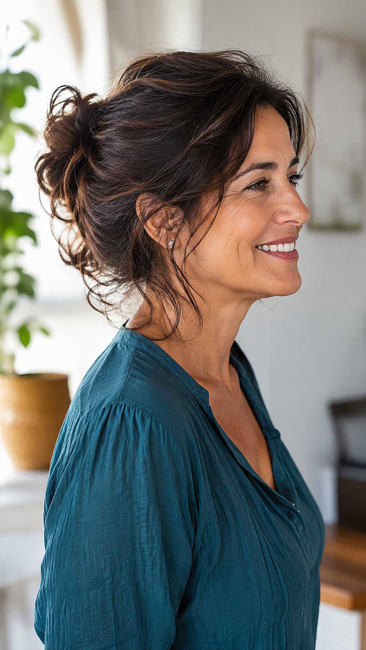 Wavy dark messy low bun with natural curl pattern