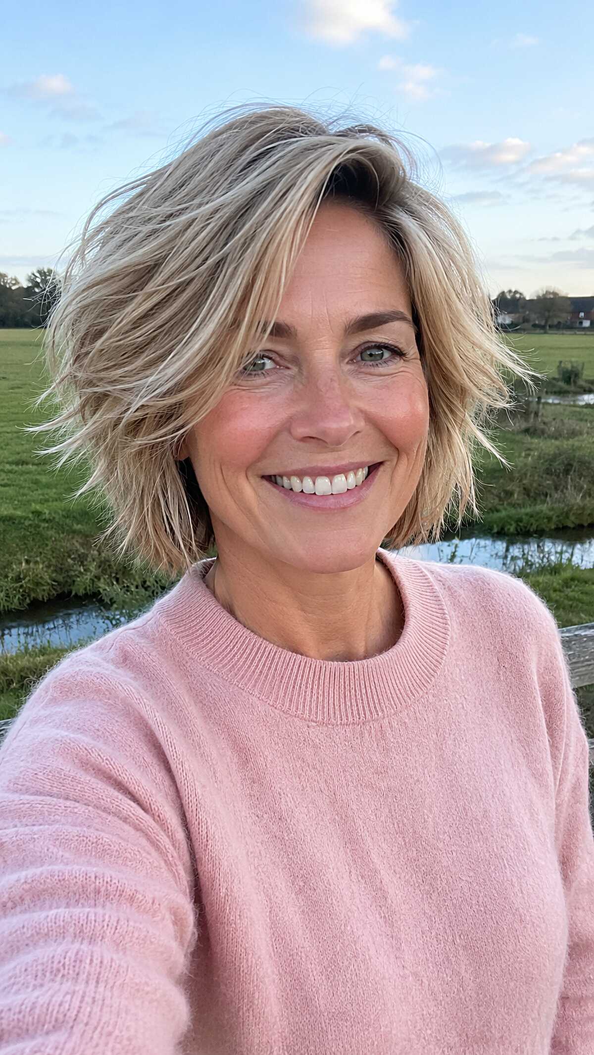 Wind-Tested Sandy Blonde Bob with Lift at the Crown