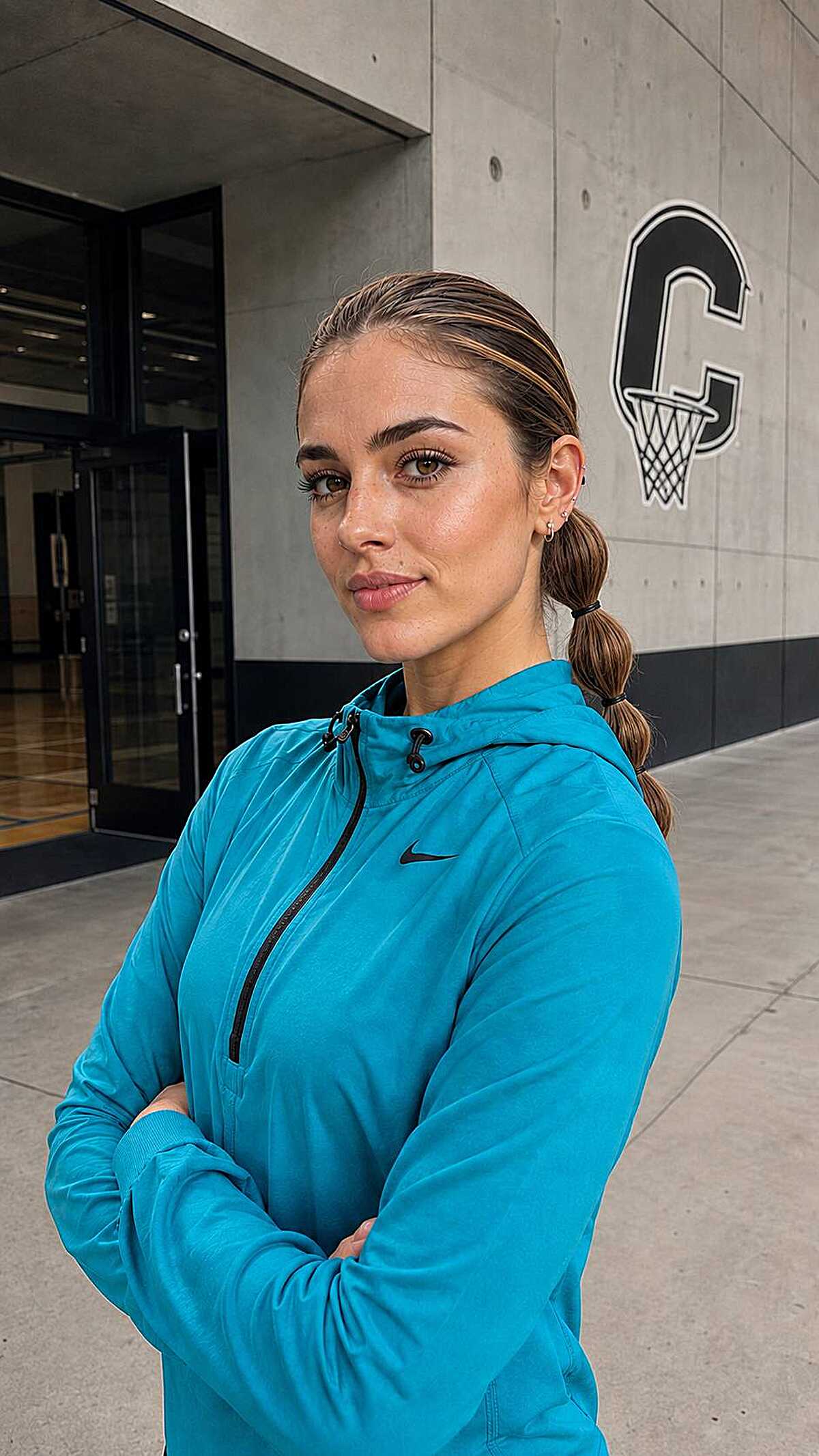 Slicked back bubble ponytail with caramel highlights