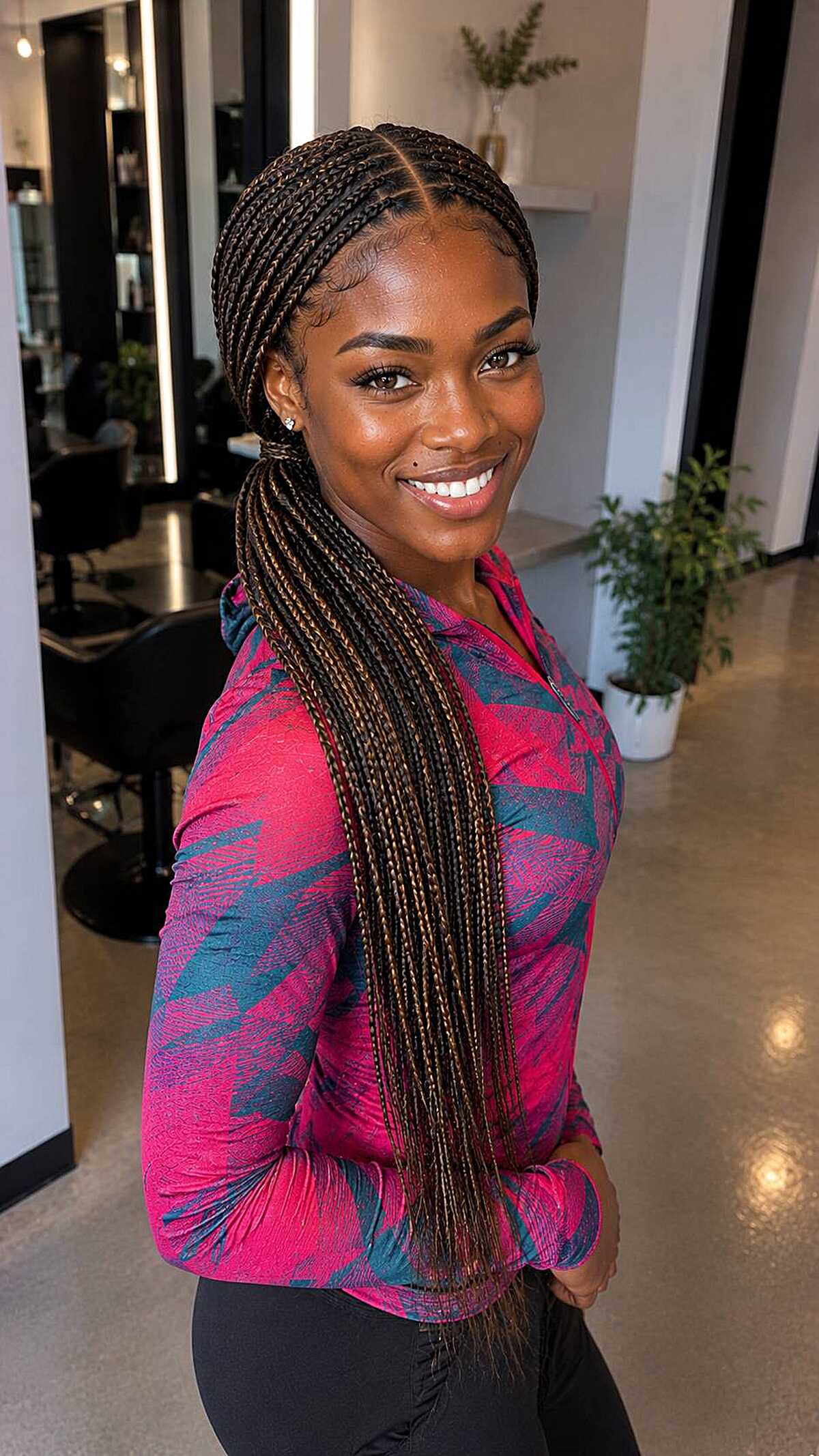 Long fulani-style braids swept to one side