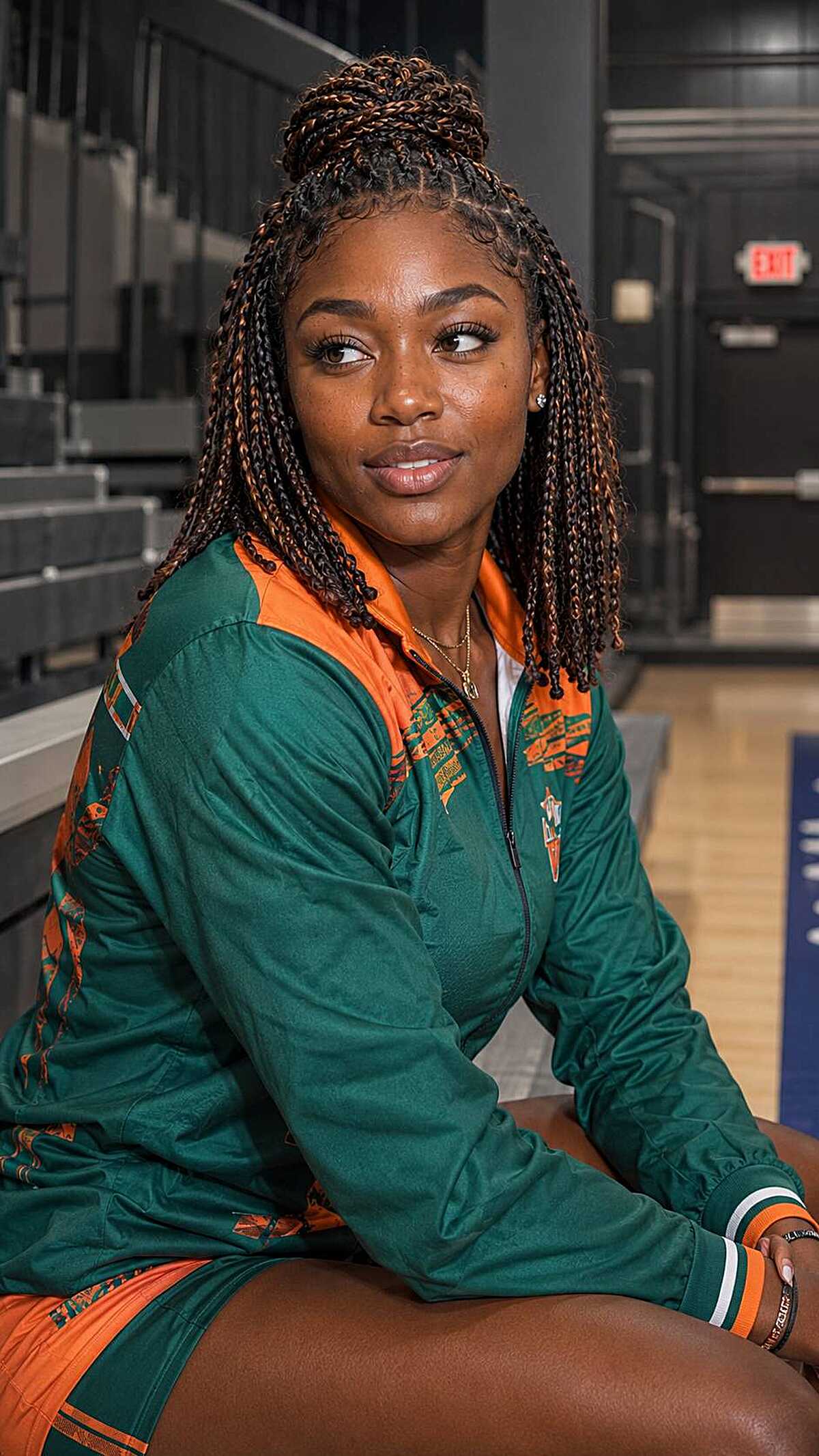 Box braids in a half-up top knot with braids hanging down