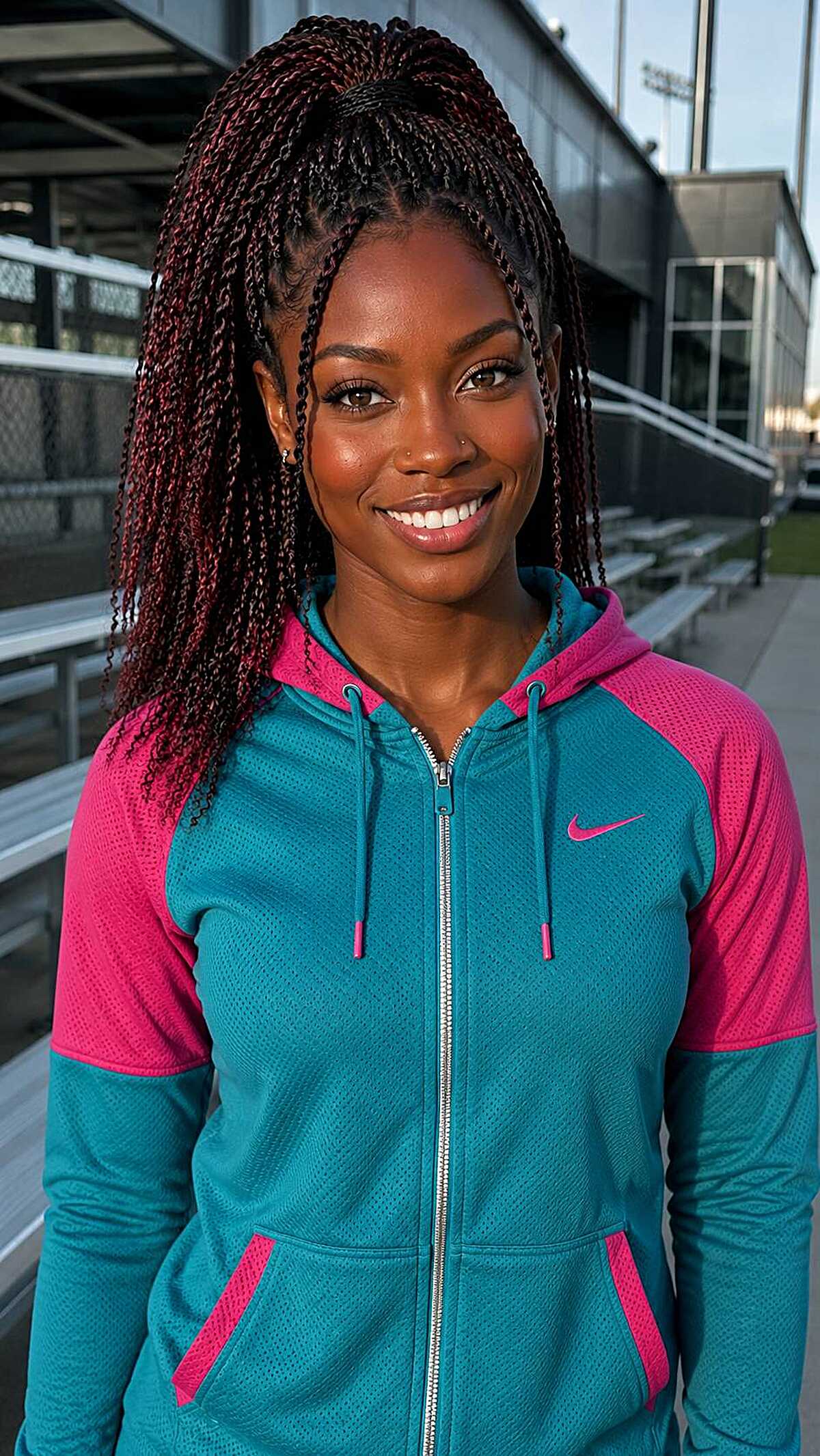 Micro twists in a half-up ponytail with burgundy tones