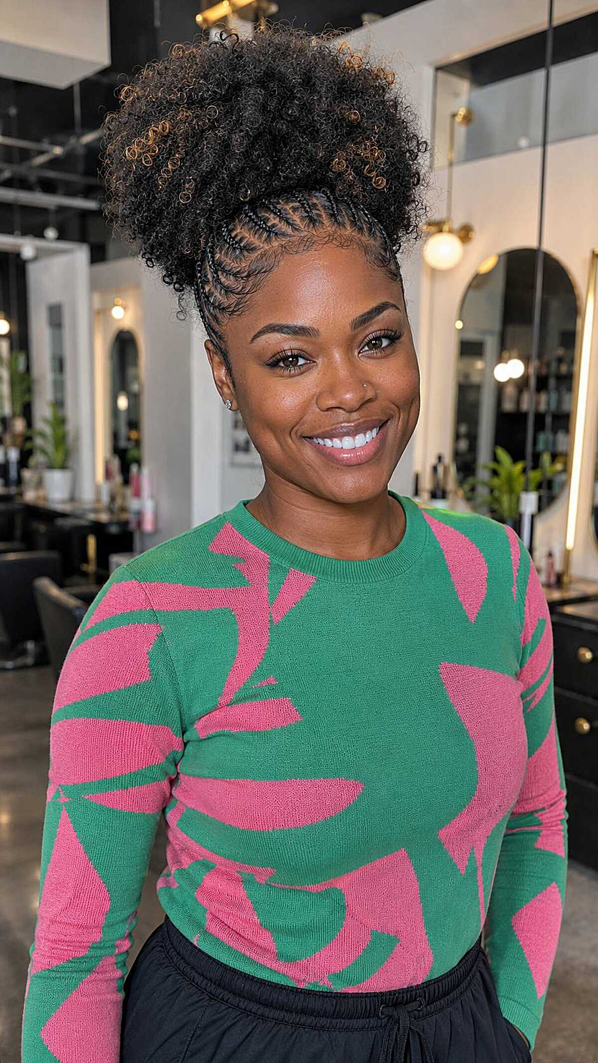 Natural curly hair in a high puff with laid edges