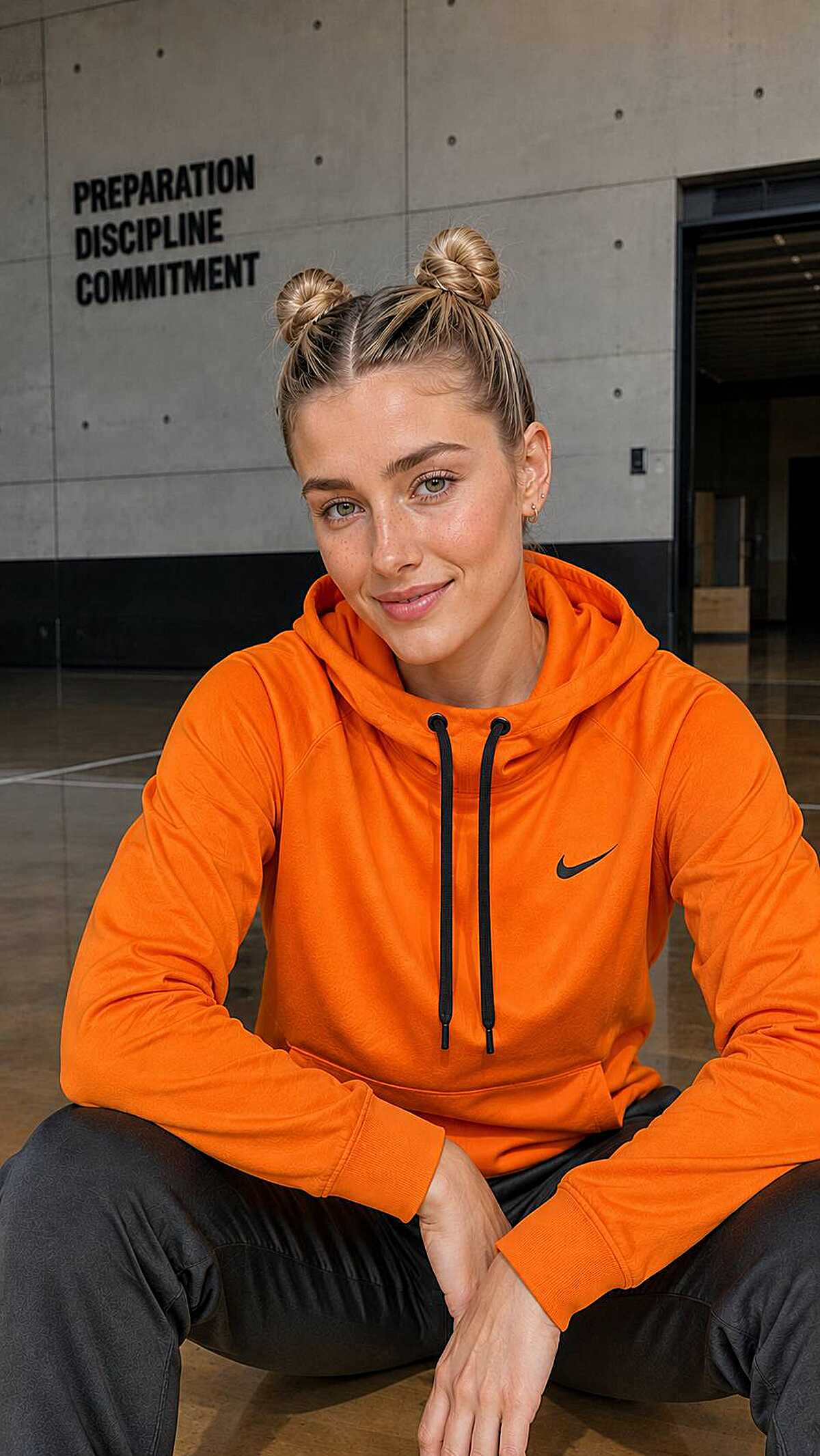 Two messy space buns on warm honey blonde hair