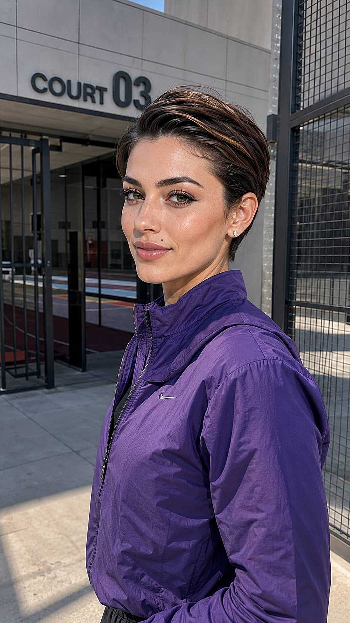 Short pixie cut swept back with warm brown highlights