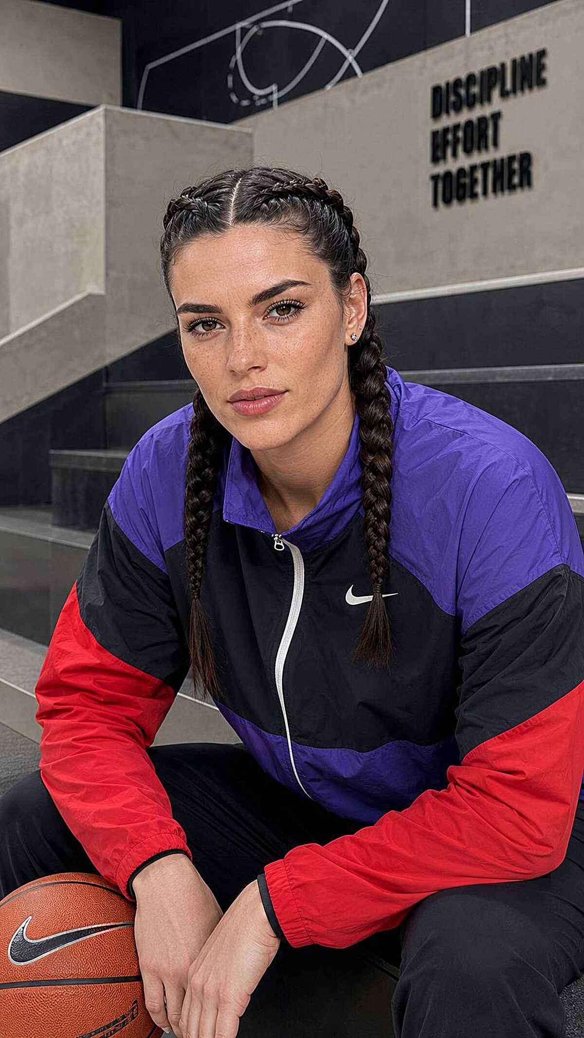Two tight Dutch braids on dark brunette hair