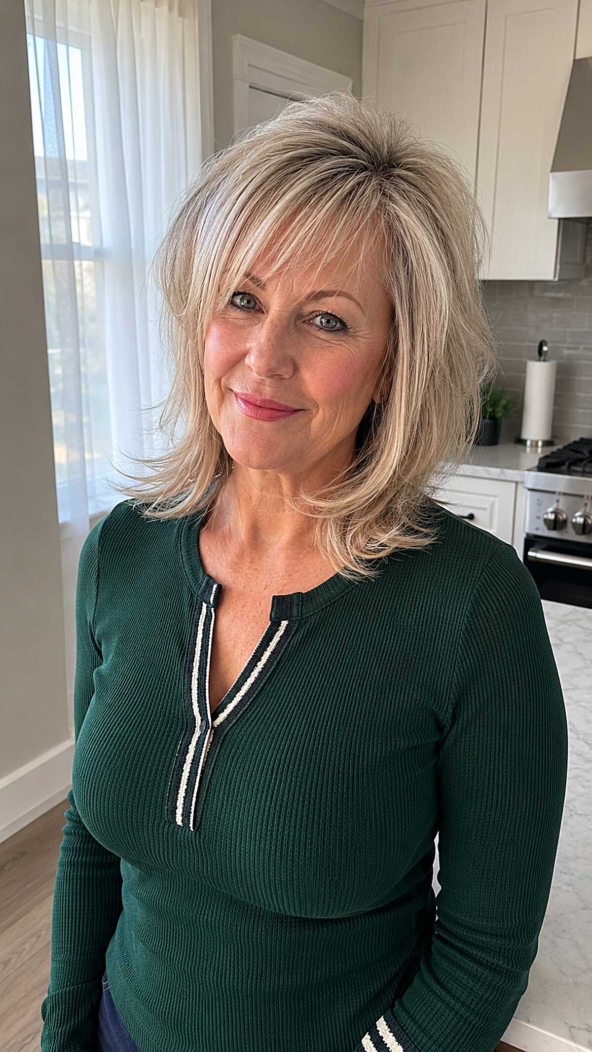 Ash Blonde Flipped Layer Cut with Feathered Crown