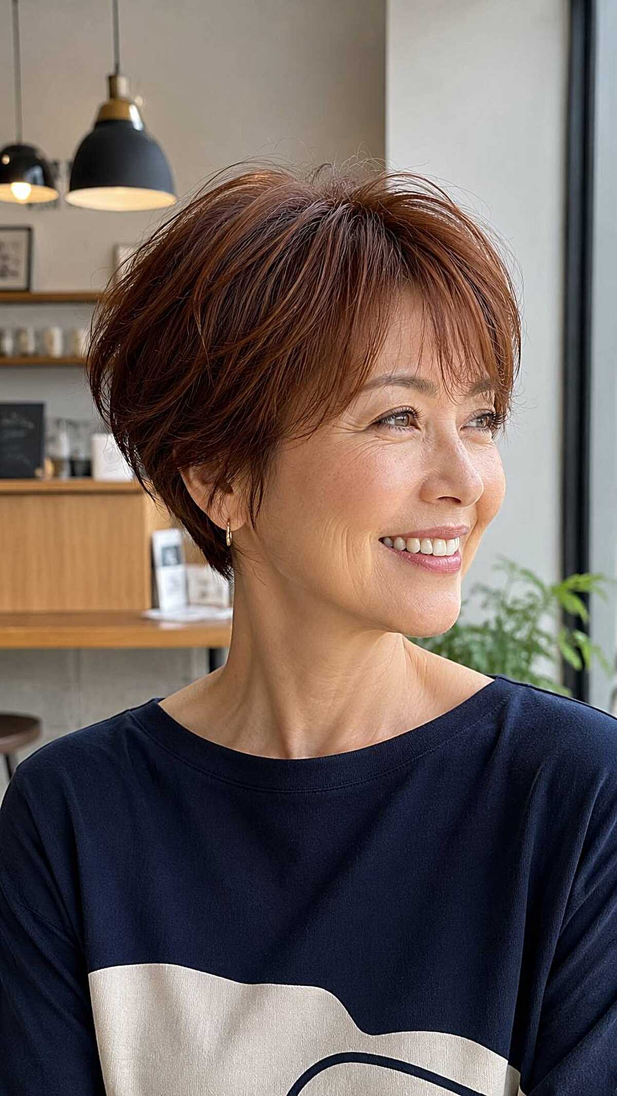 Warm auburn short bixie with wispy bangs