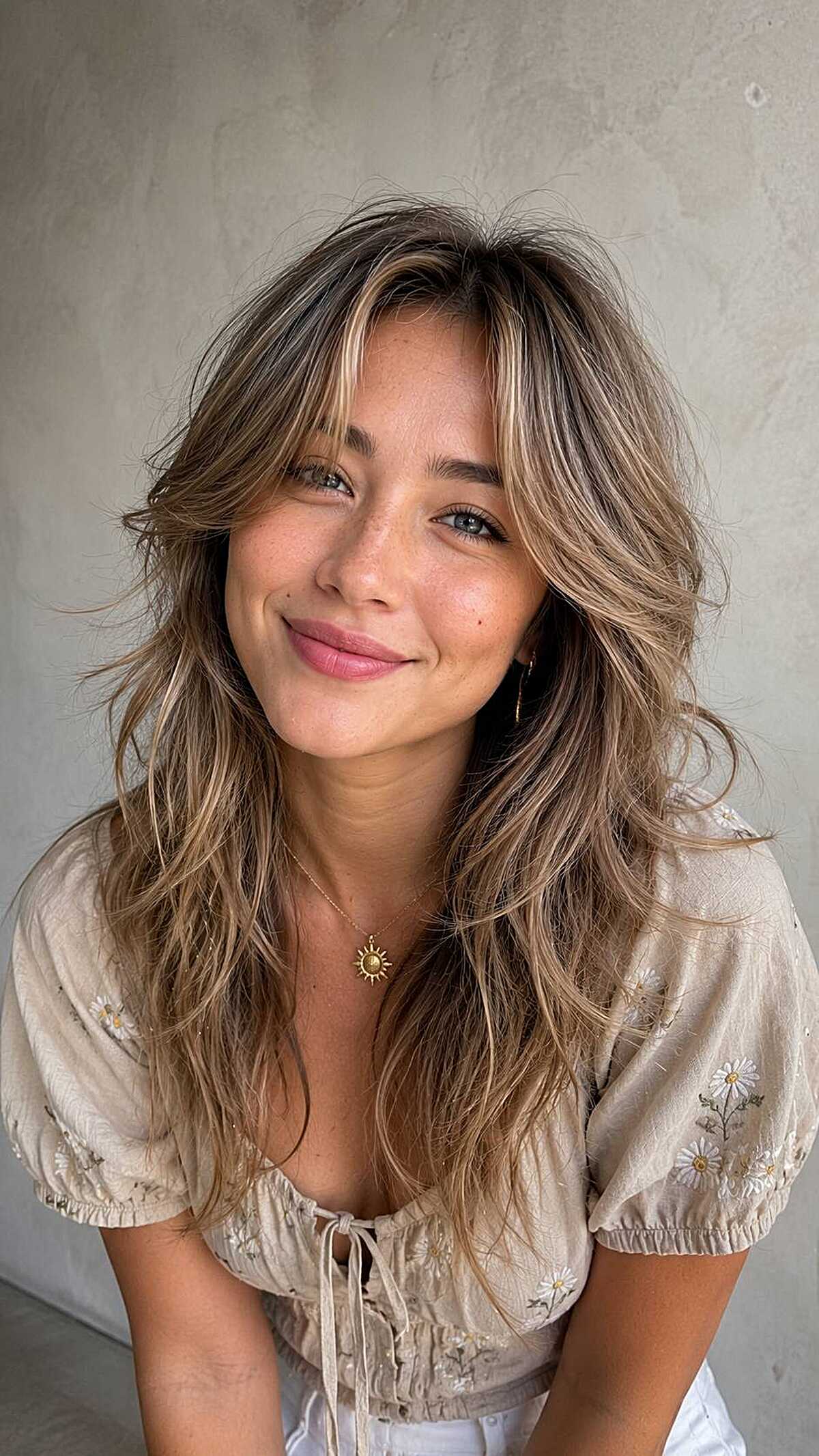 Beachy bronde long shag with wavy texture and bangs