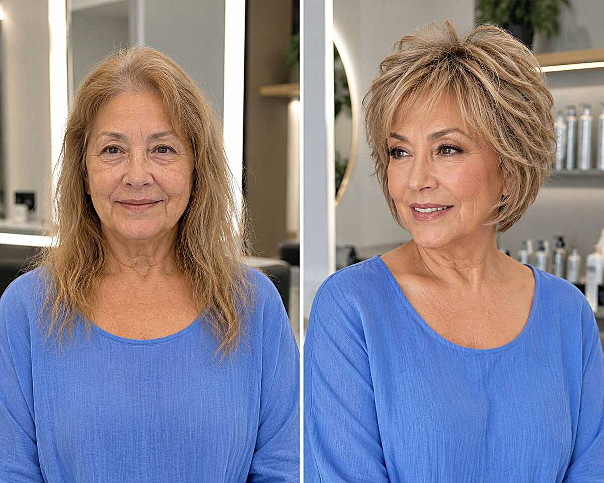 Before and after bixie transformation on older woman