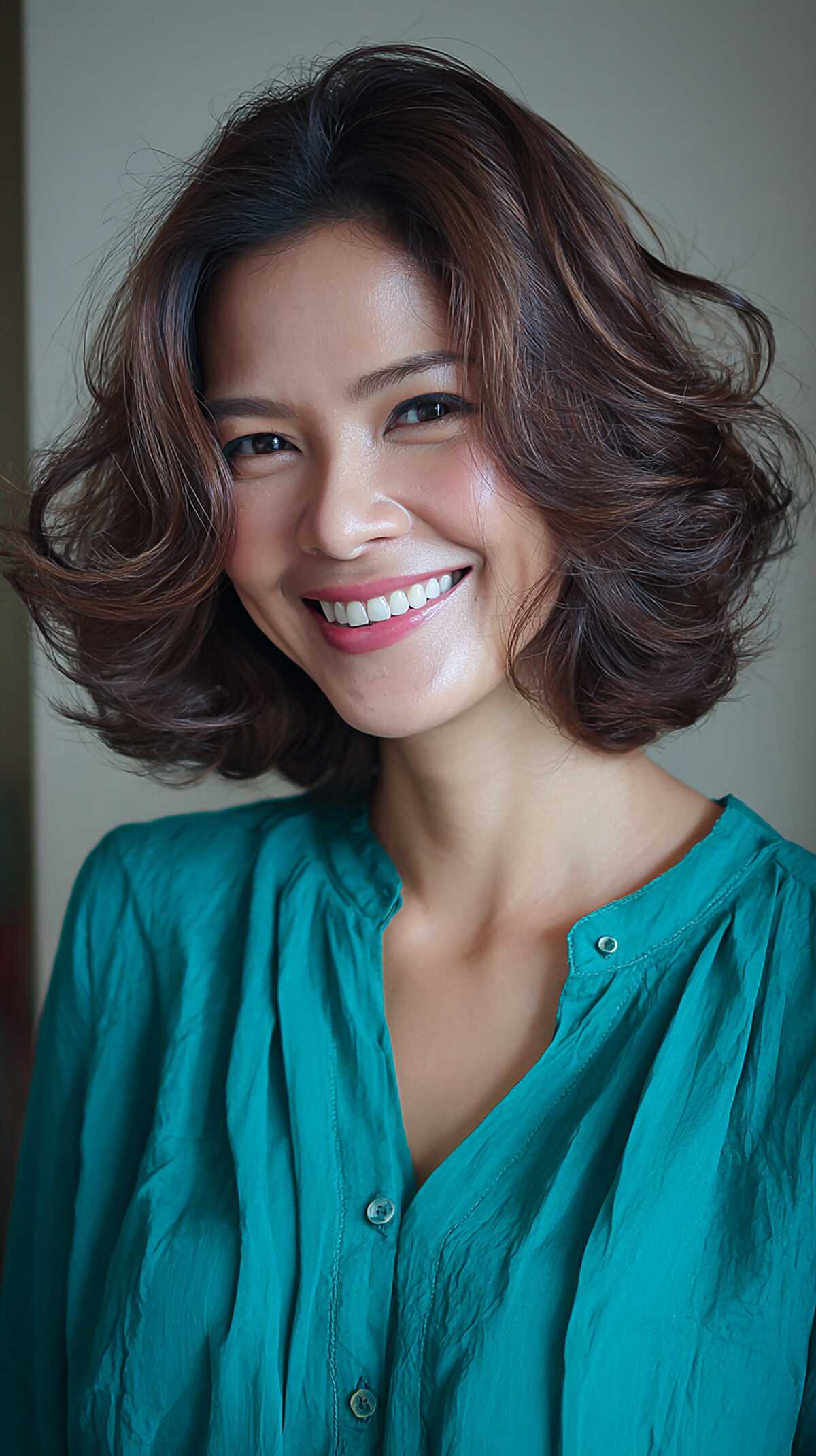 Bouncy Dark Brunette Bob with Voluminous Roller Waves