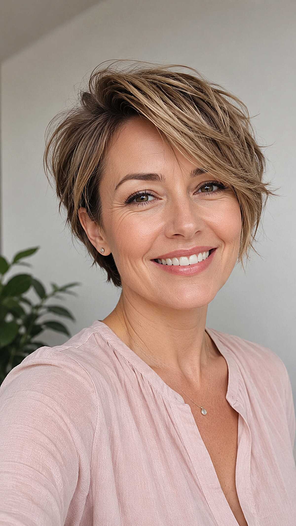Bronde Swept-Forward Pixie Bob with Dimensional Highlights