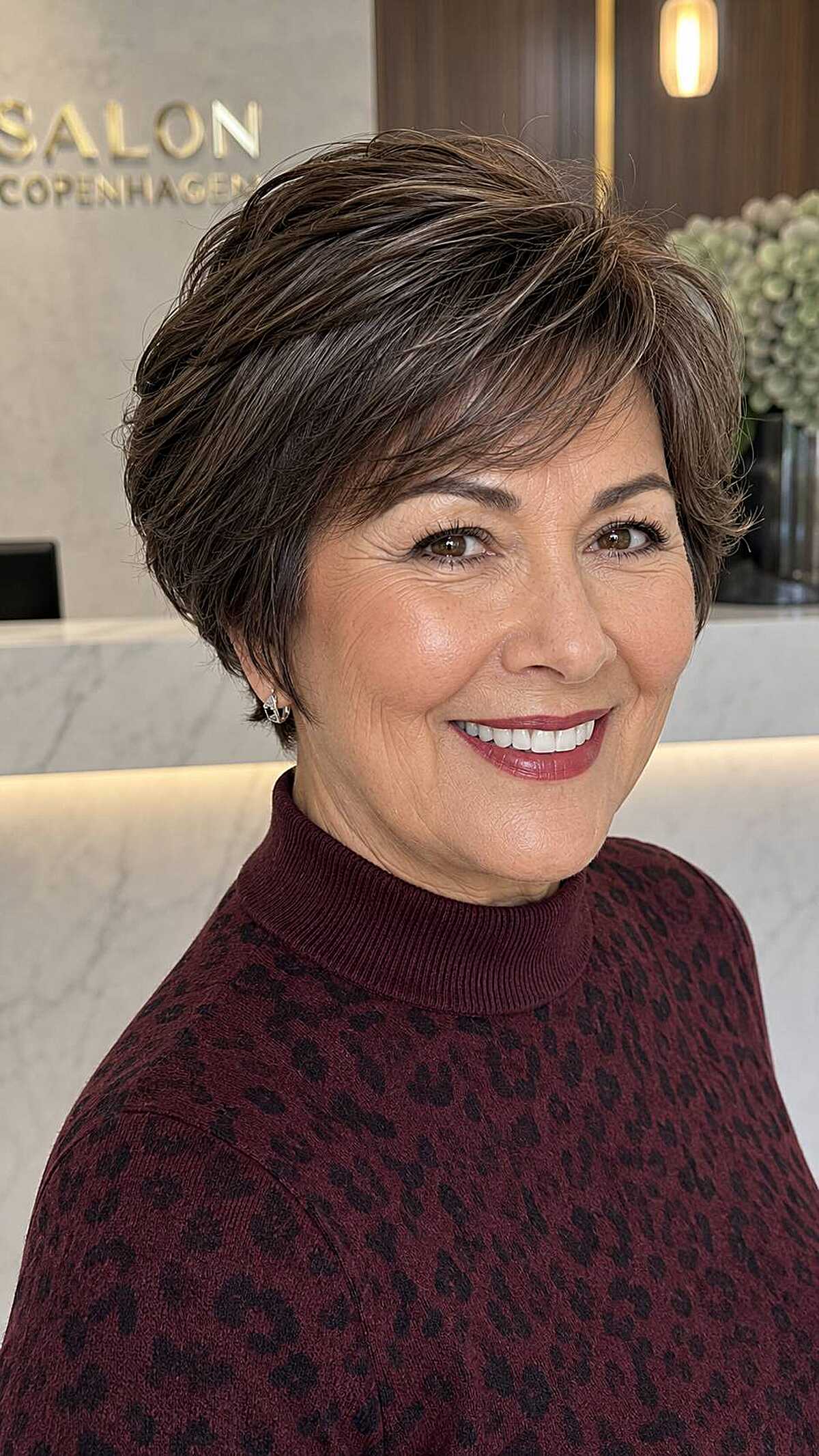 Dark brunette bixie with micro layers and side sweep