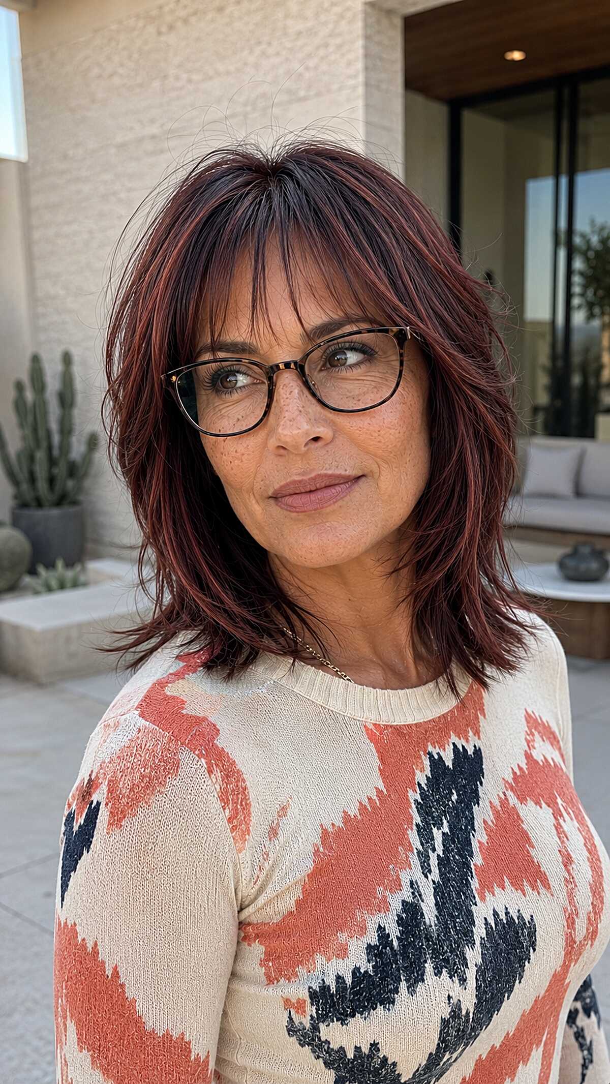 Burgundy Red Razored Shag with Choppy Curtain Bangs