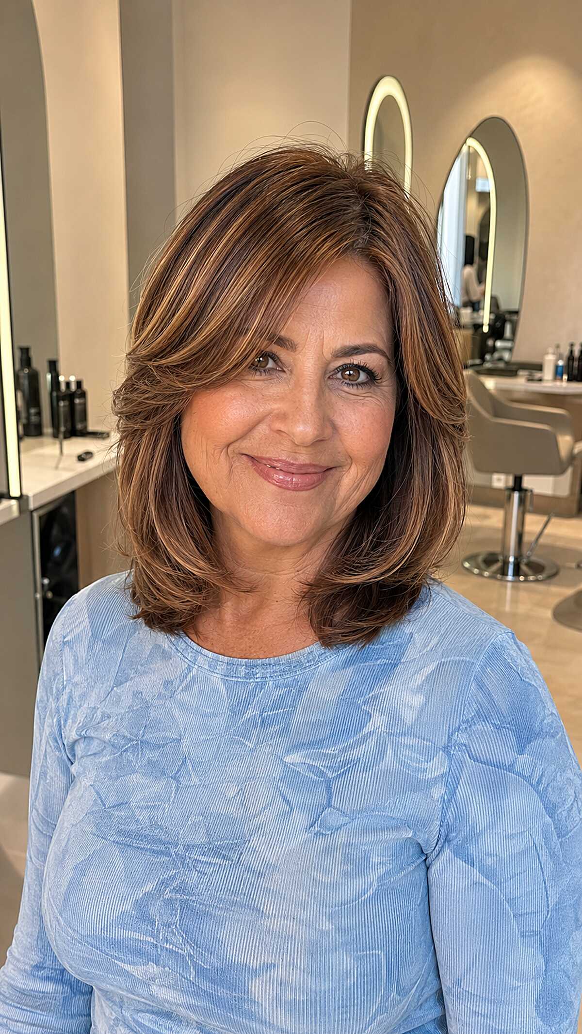 Chestnut Brown Layered Lob with Caramel Ribbon Highlights