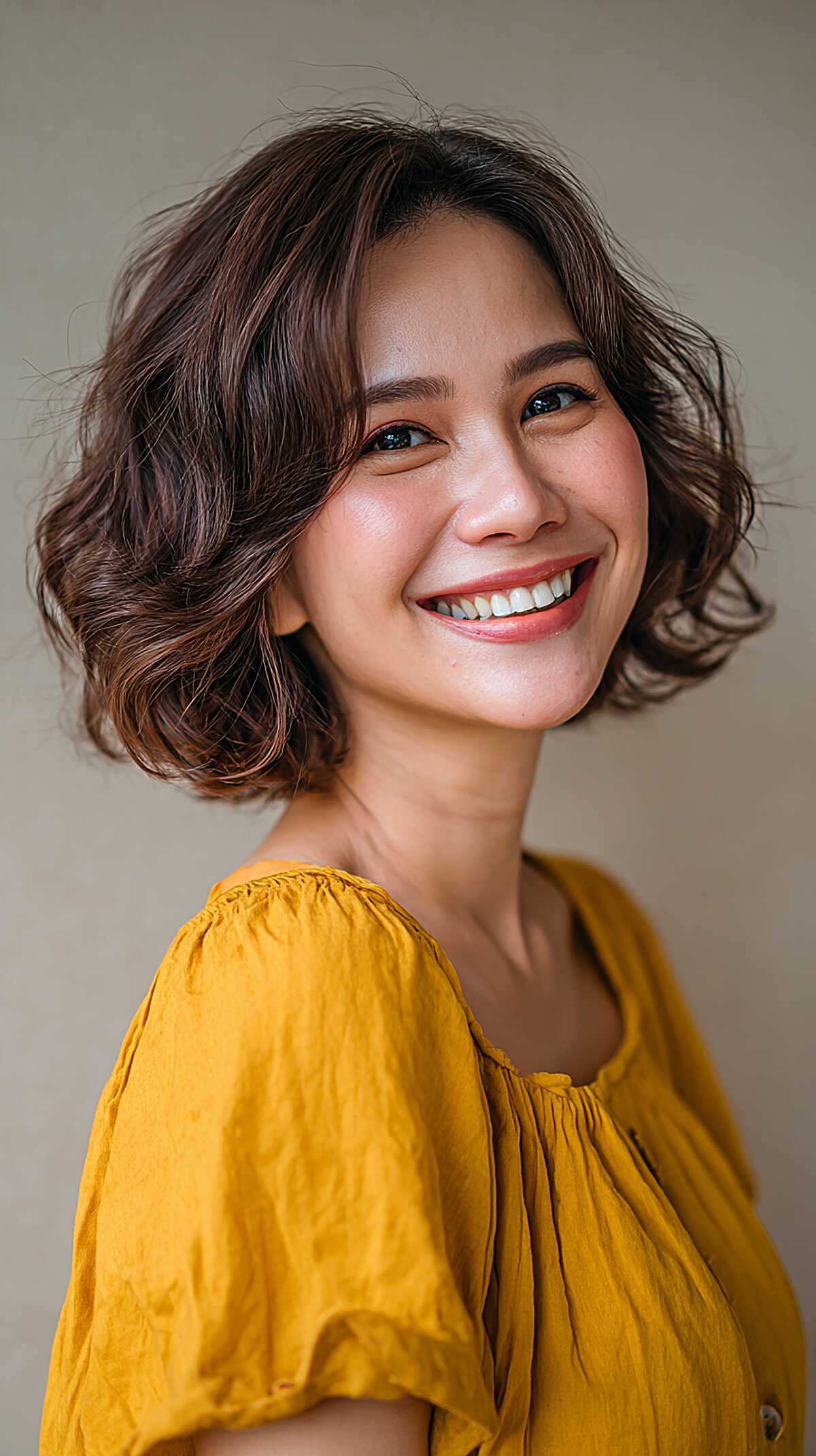 Chin-Length Brunette Bob with Loose Perm Curl