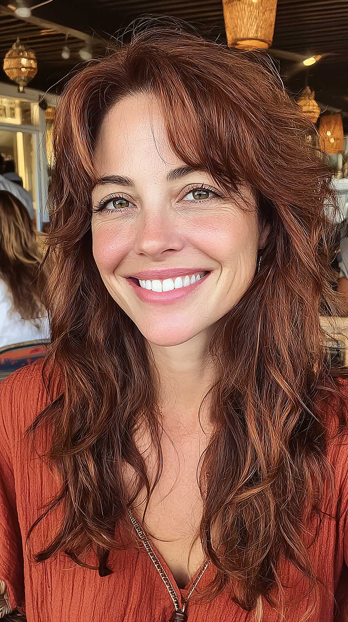 Curly Auburn Wolf Cut with Shaggy Bangs