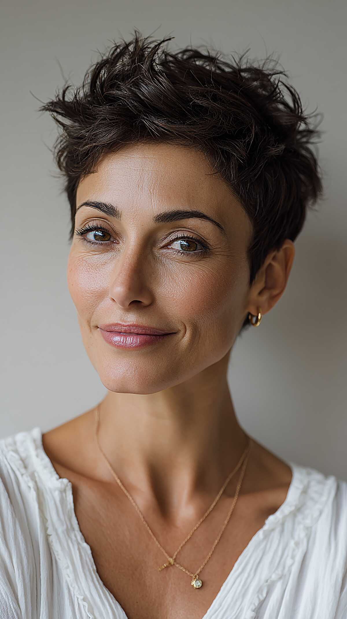 Dark Brunette Choppy Pixie with Feathered Movement