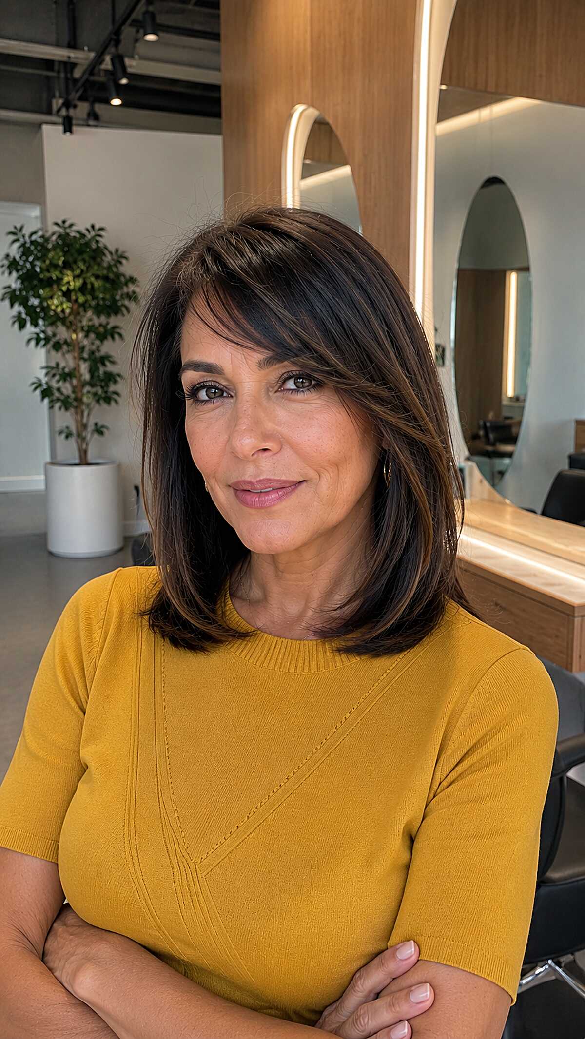 Dark Chocolate Blowout Lob with Tapered Side Fringe