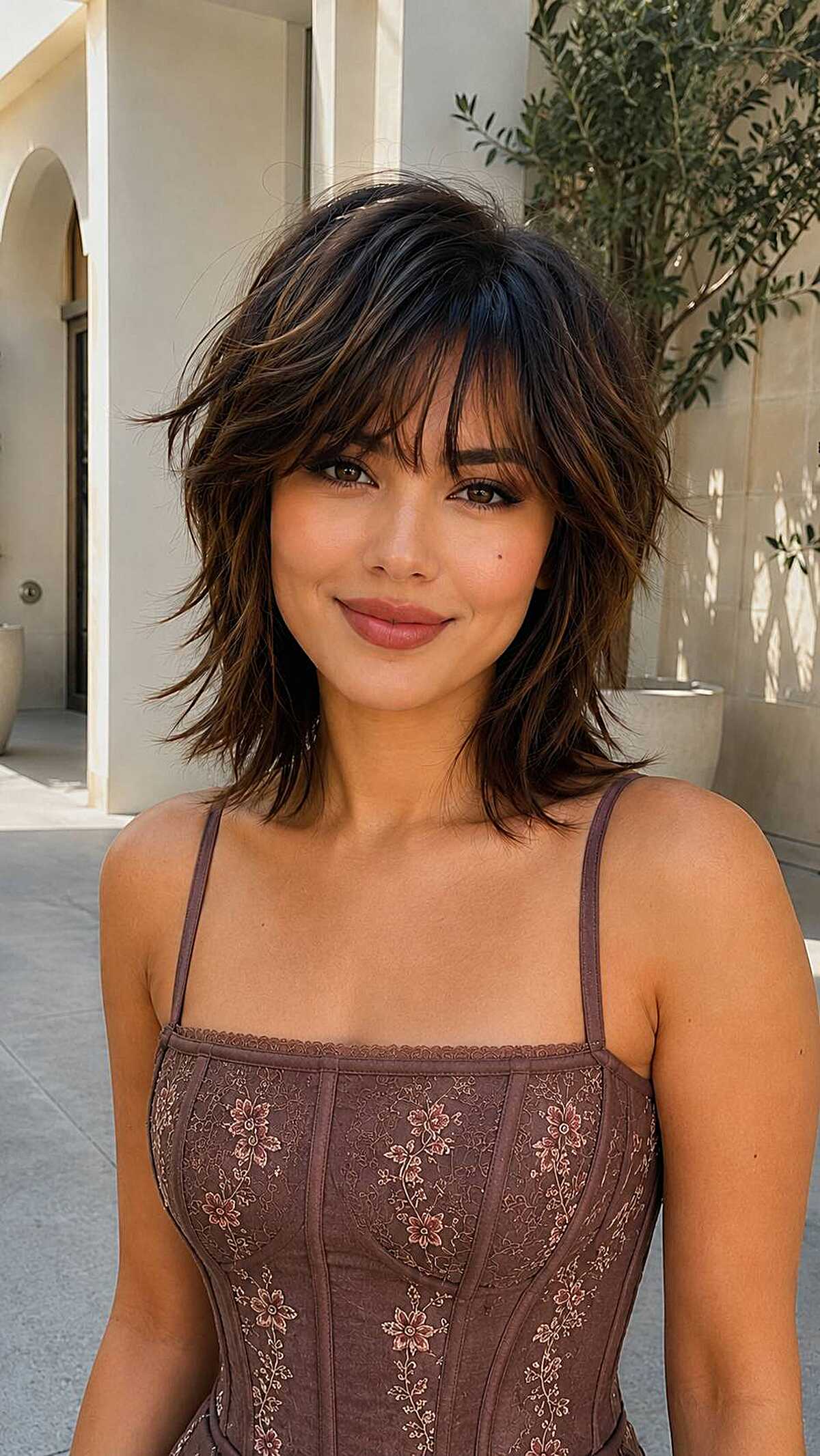 Dark chocolate choppy bob shag with caramel highlights