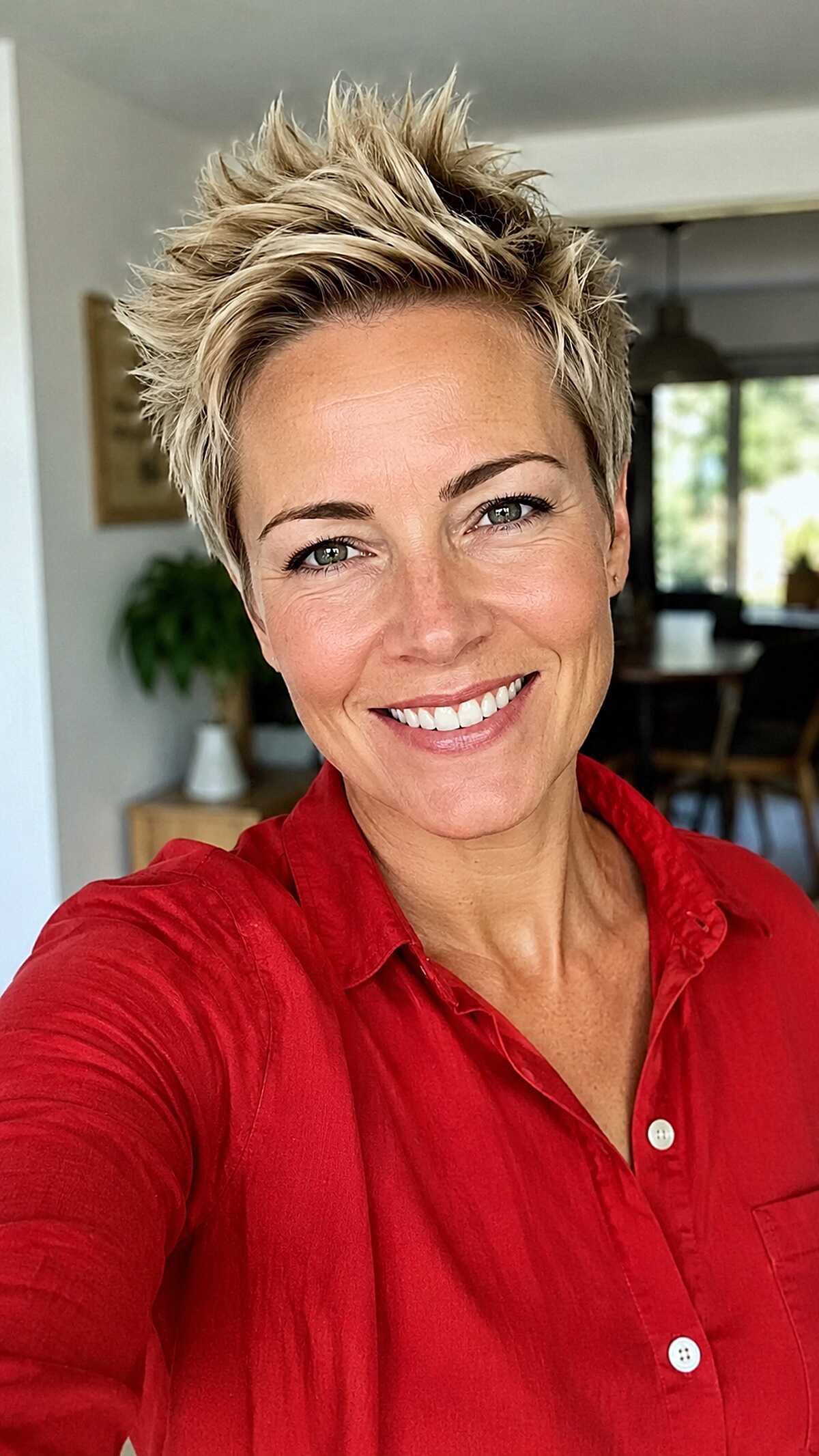 Dirty Blonde Spiked Pixie with Dark Root Contrast