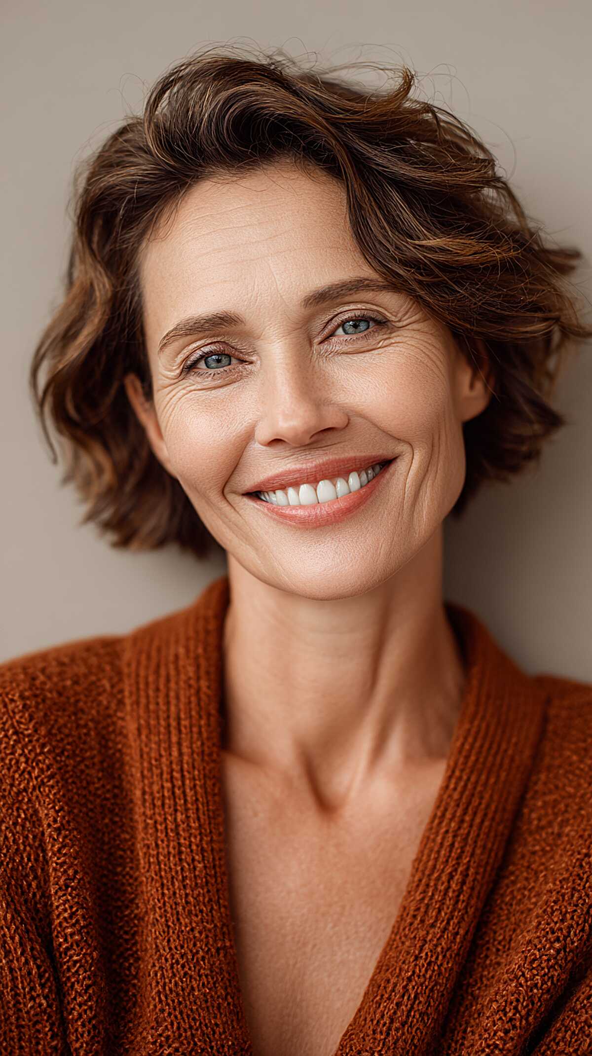 Ear-Length Wavy Crop with Warm Brunette Dimension