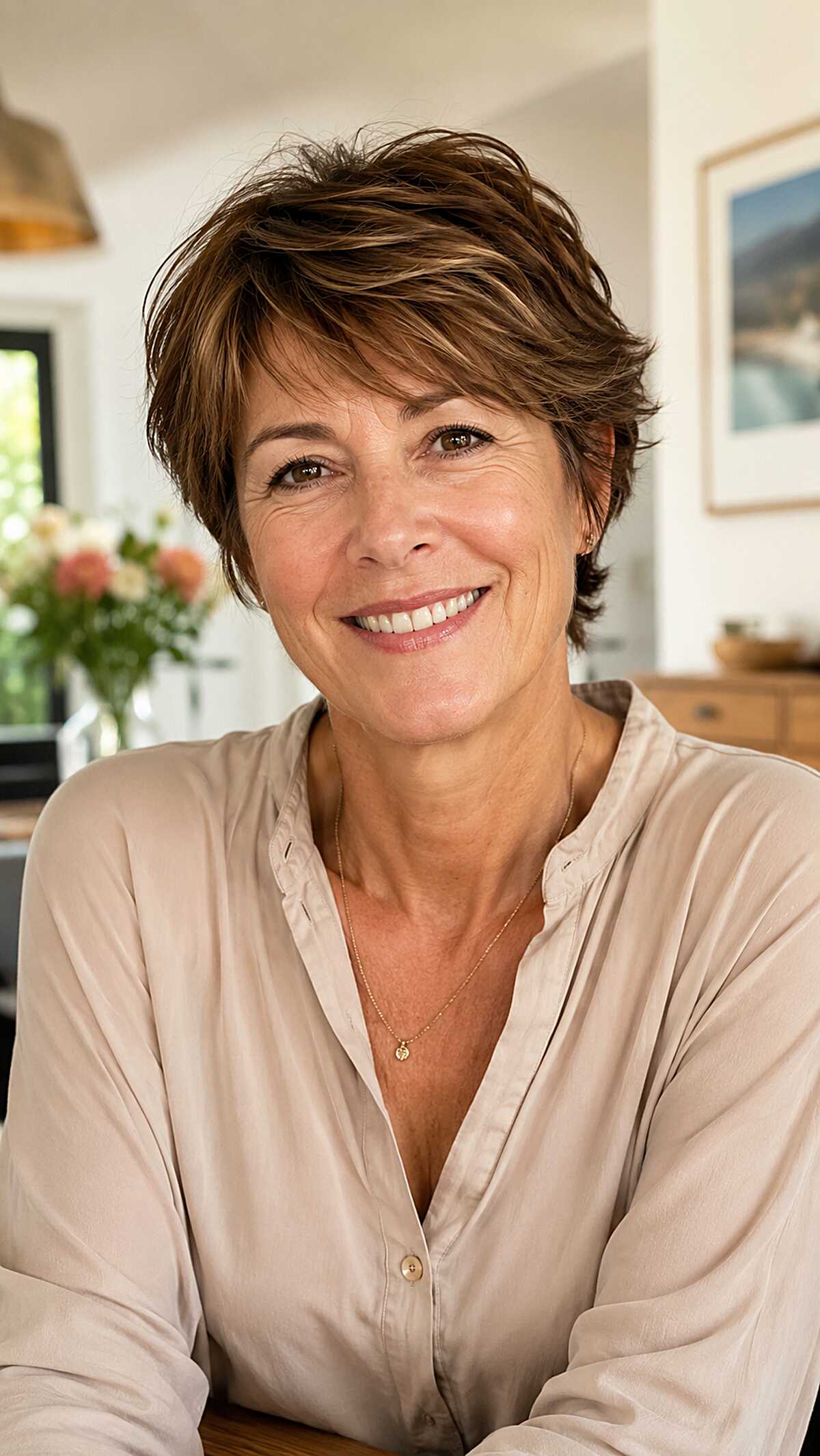 Feathered Brunette Pixie with Windswept Layers