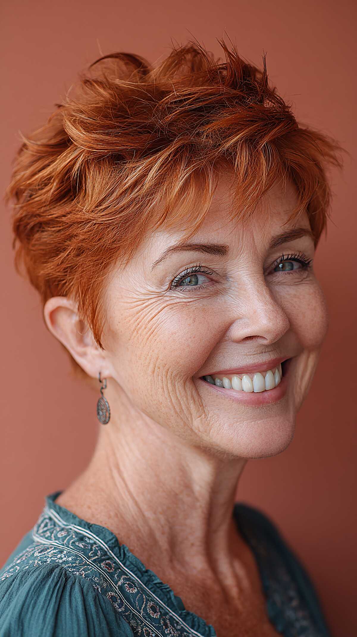 Fiery Auburn Pixie with Tousled Forward Fringe