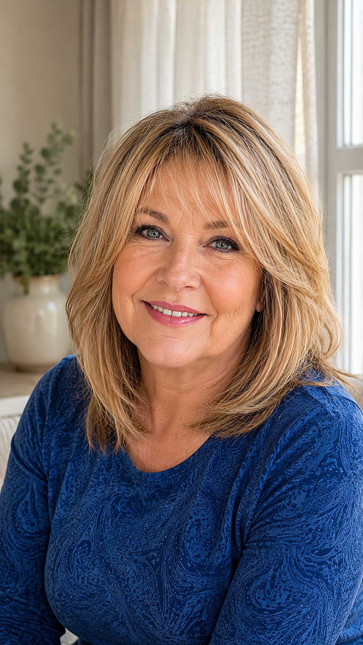 Golden Blonde Feathered Lob with Layered Side Bangs