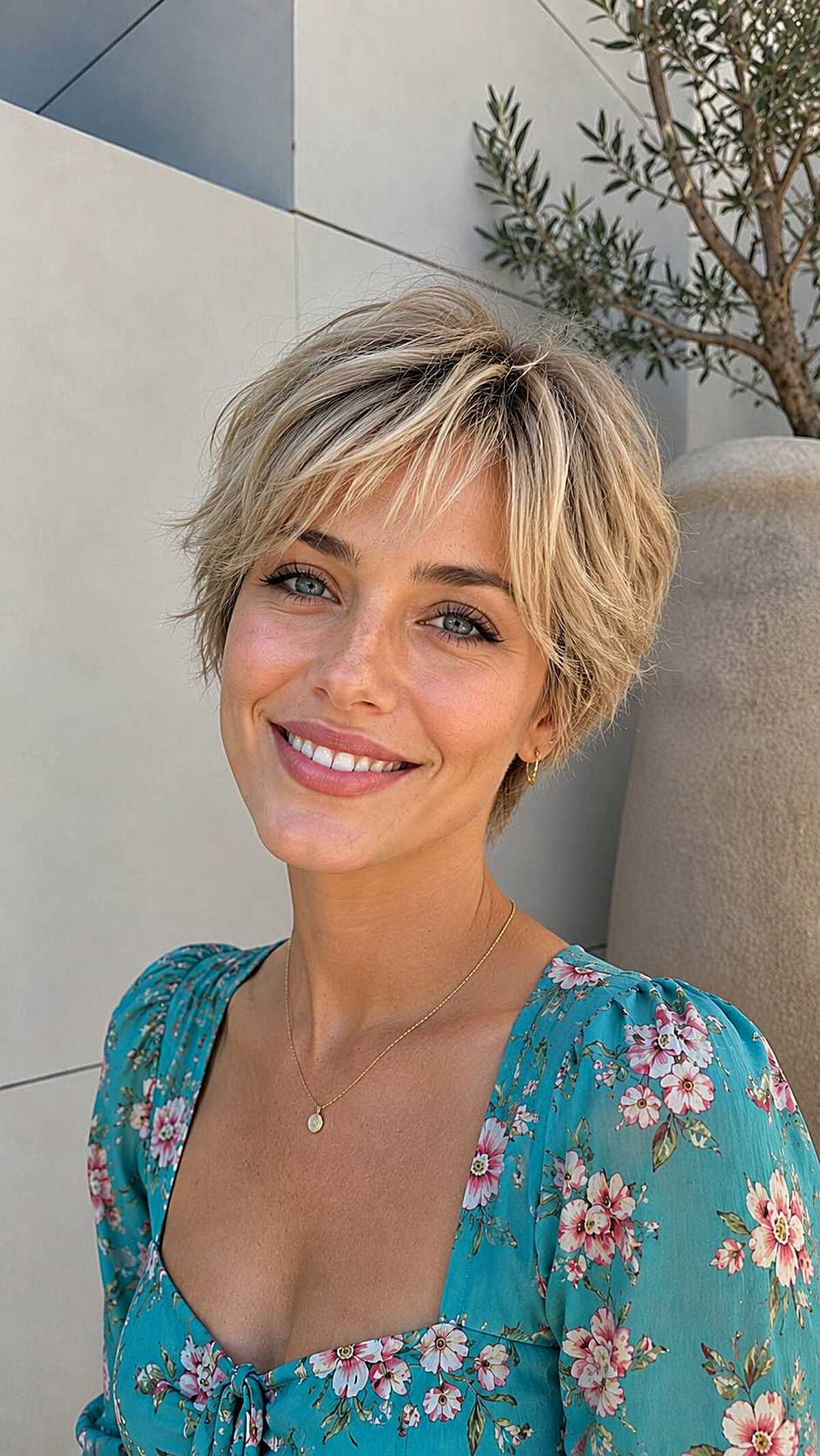 Honey blonde pixie shag with textured layers